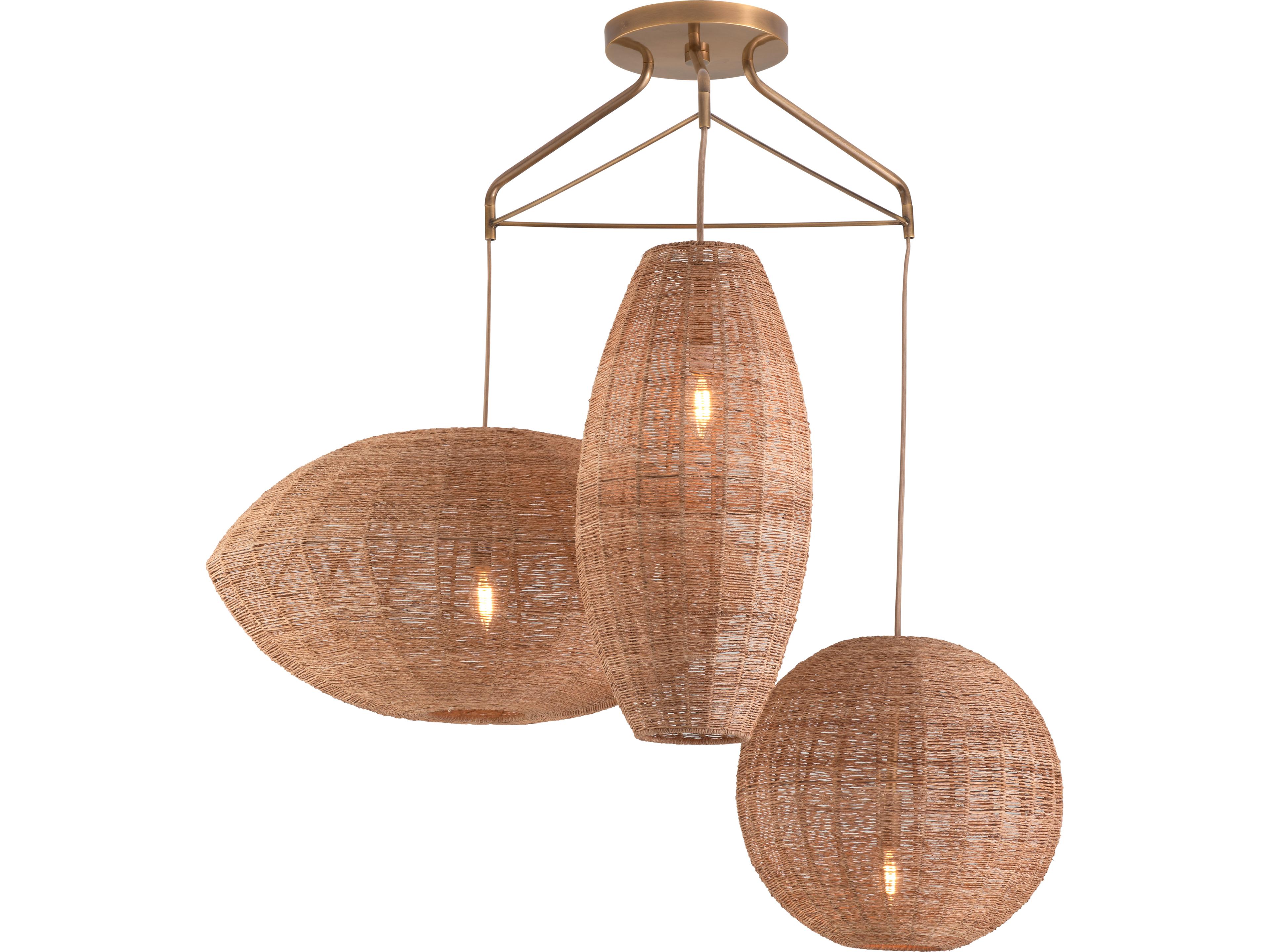3-Light Natural Antique Brass Brown Cylinder Globe Pendant