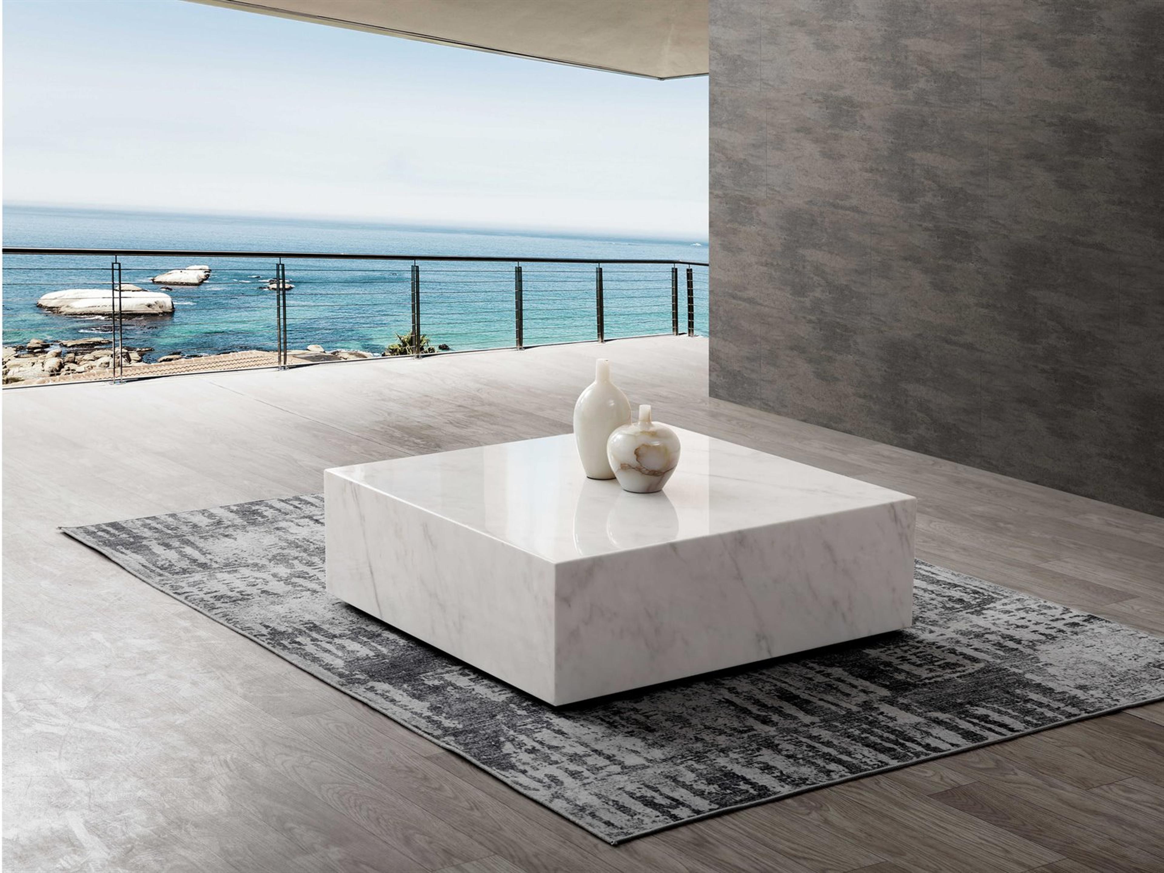 Whiteline Modern Living Cube Square Marble White Coffee Table