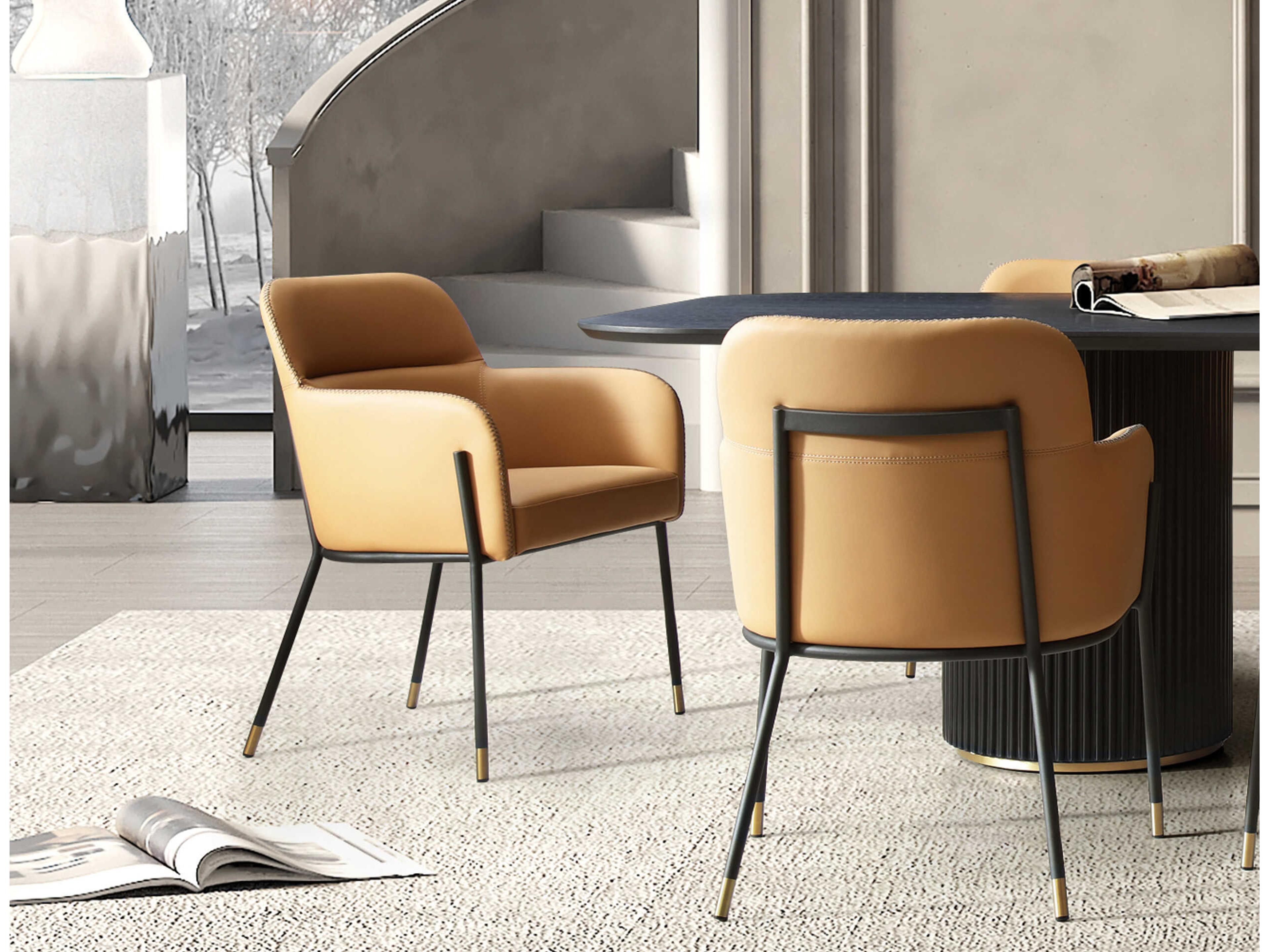 Whiteline Modern Living Heidi Orange Faux Leather Arm Dining Chair