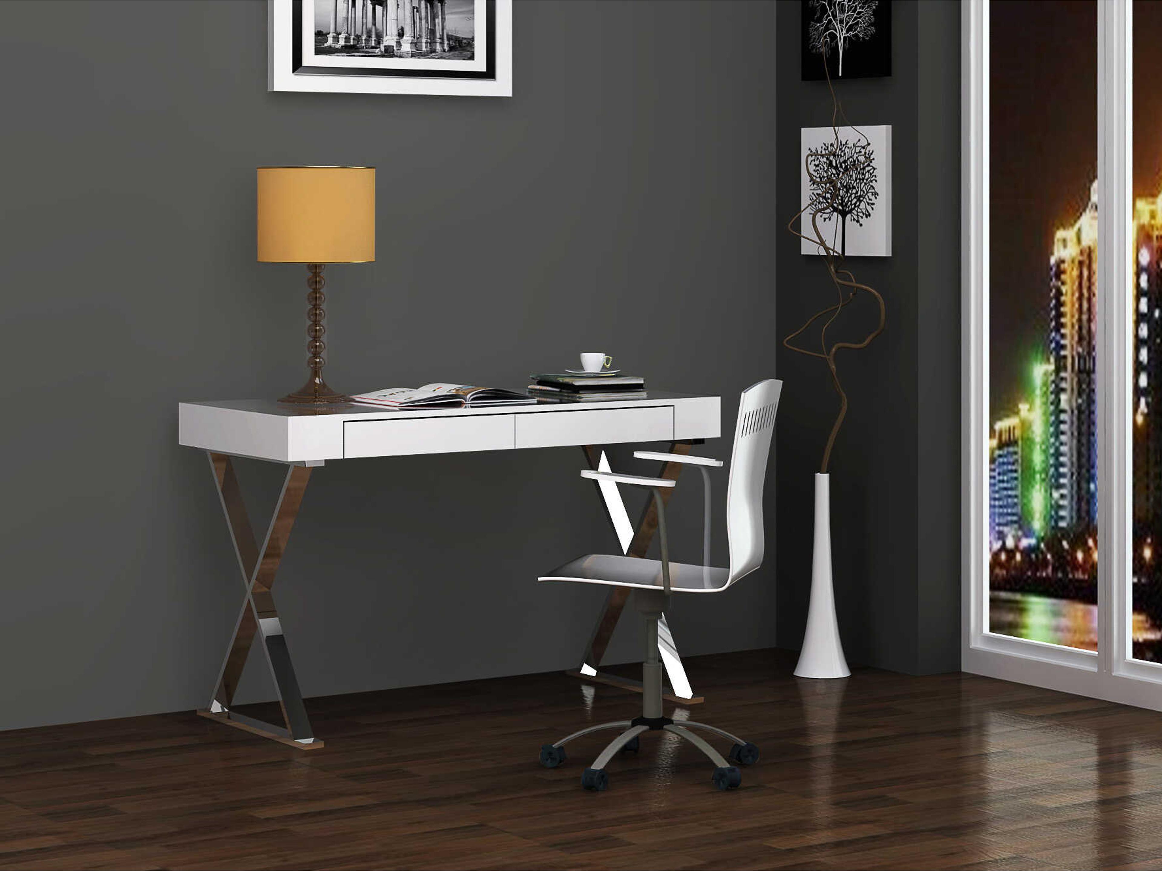 Whiteline Modern Living Elm White Polished Silver Writing Desk