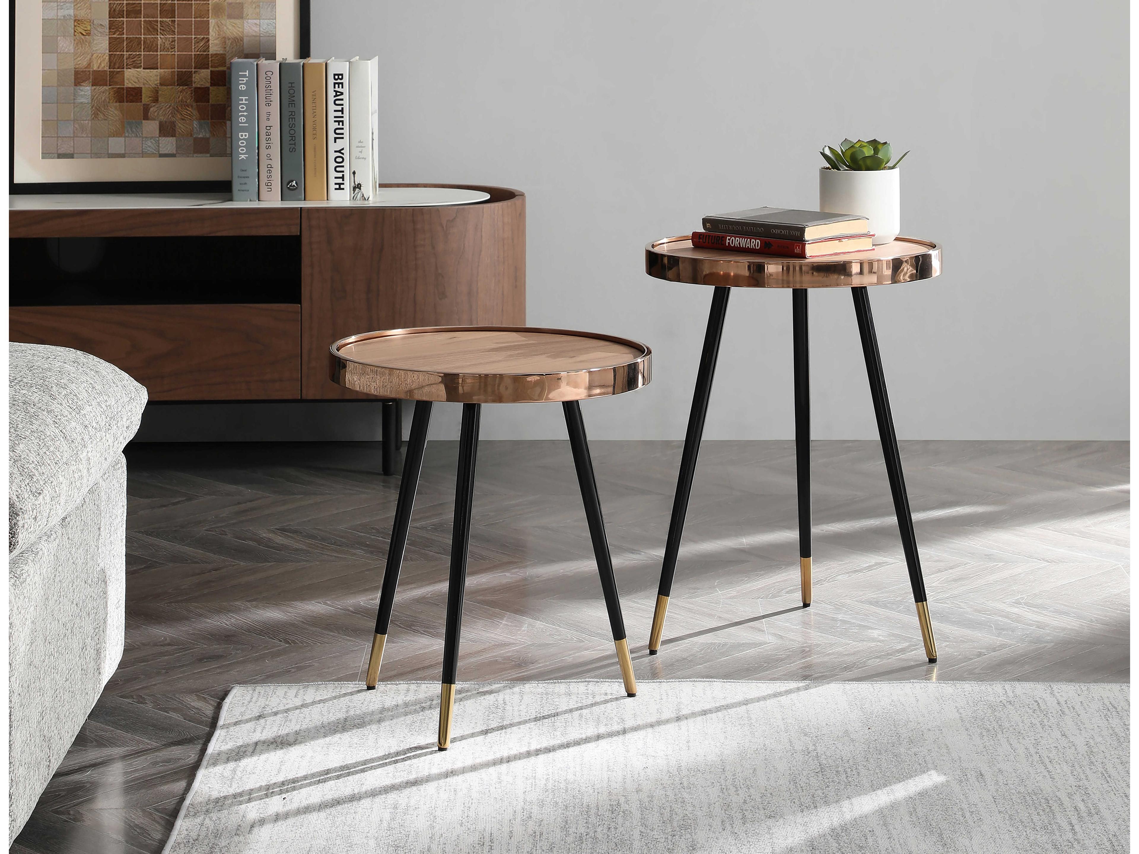 Whiteline Modern Living Meli Round Wood Brown Rose Gold Black End Table