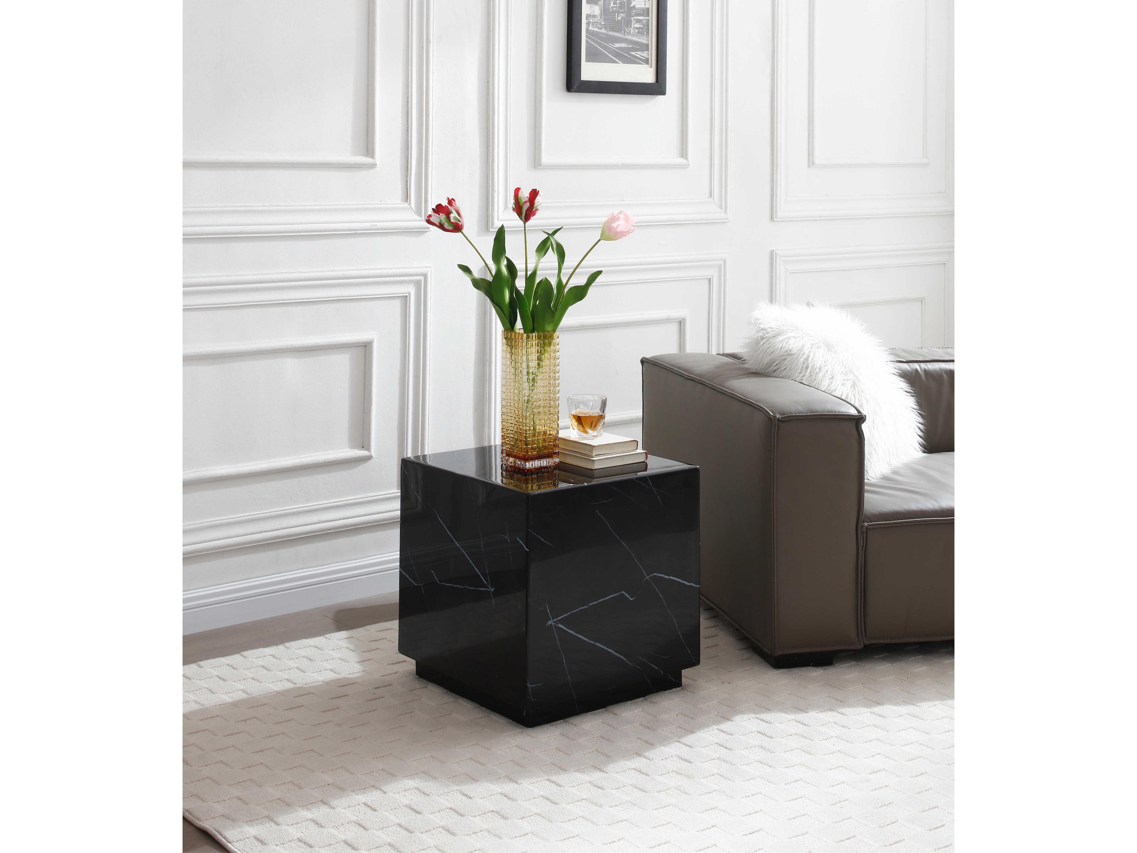 Whiteline Modern Living Iris Square Marble Black End Table