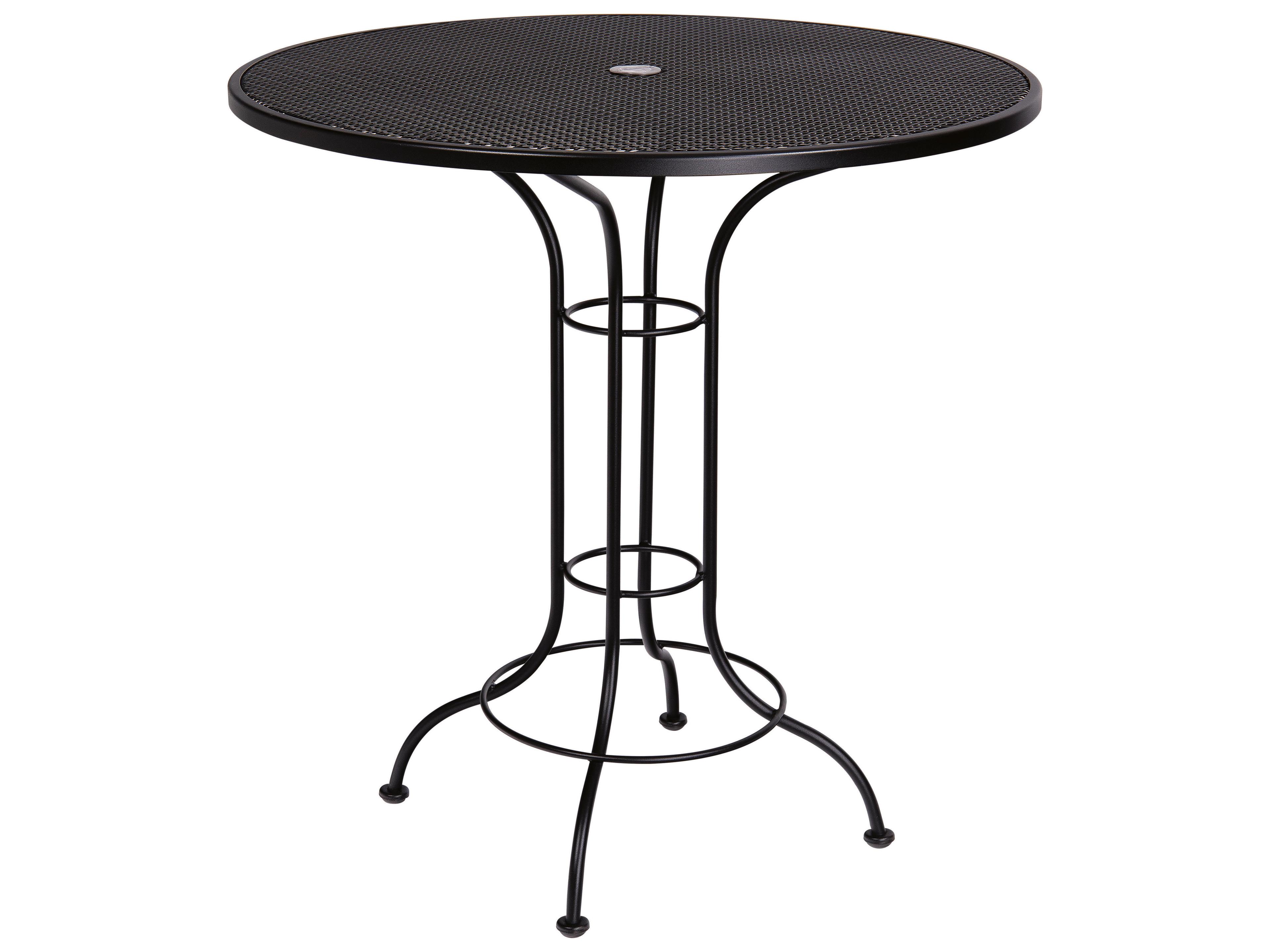 Aurora Wrought Iron Round Mesh Top Outdoor Patio Bar Height Table with Umbrella Hole