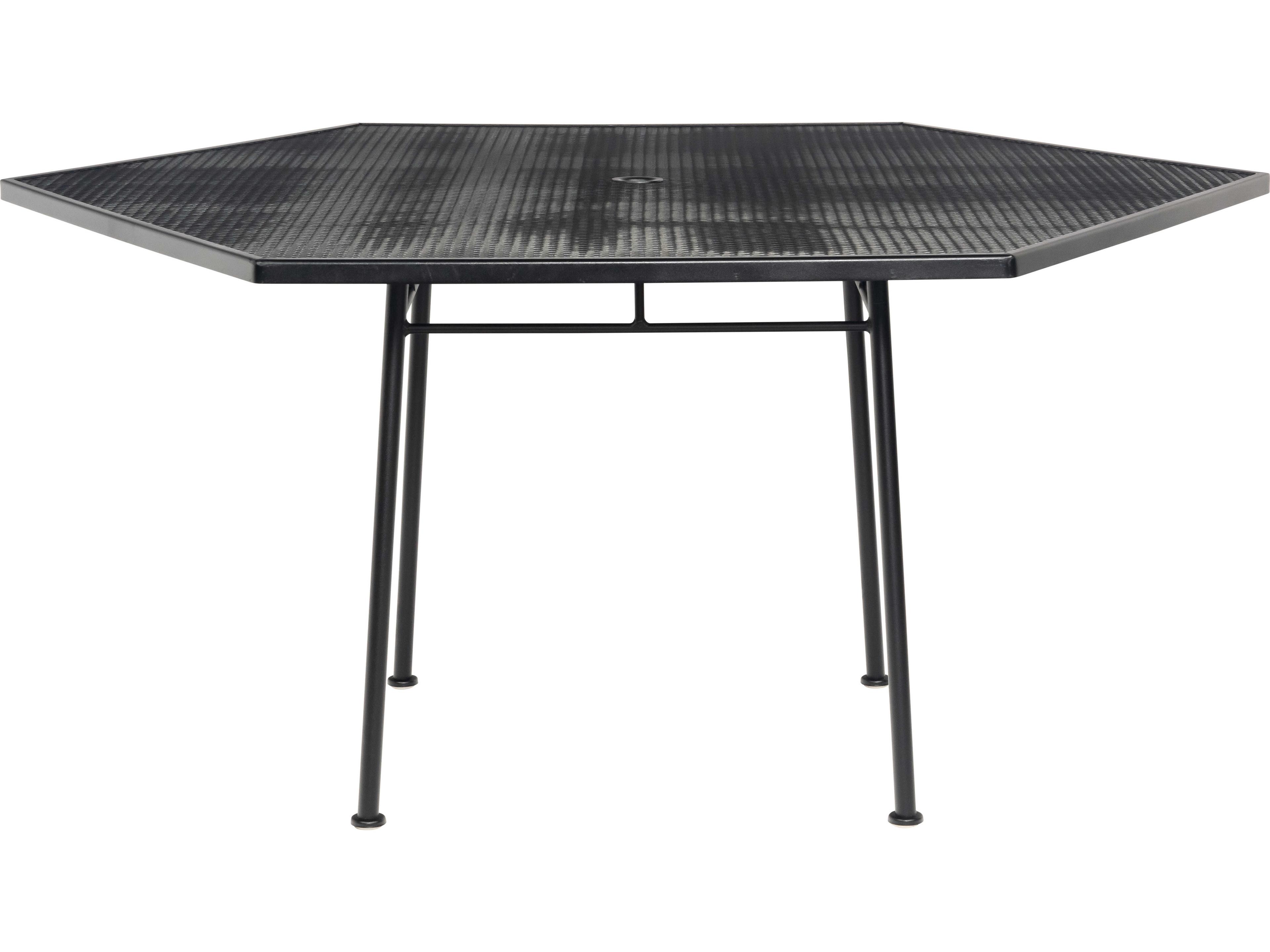 Woodard Wrought Iron Mesh Hexagon Outdoor Patio Dining Table with Umbrella Hole