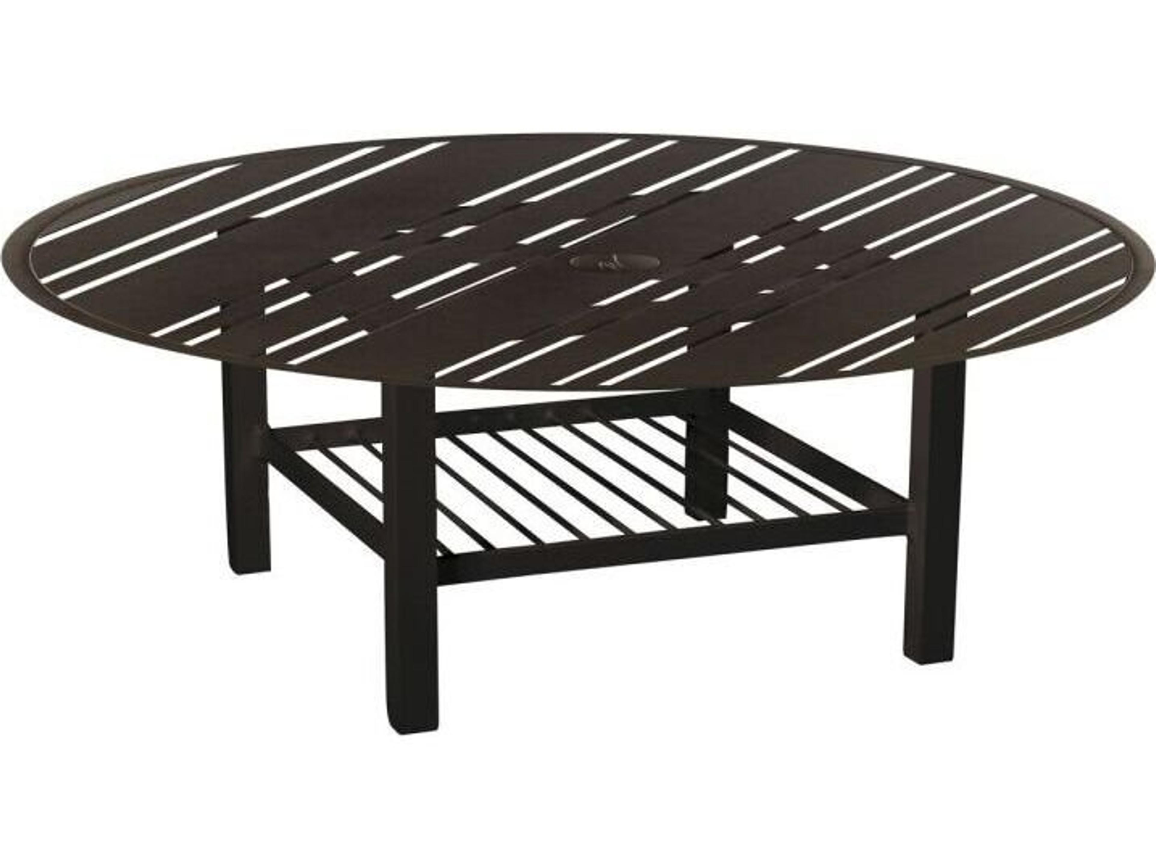 Tri-Slat Aluminum Round Coffee Table with Umbrella Hole in Elite Base