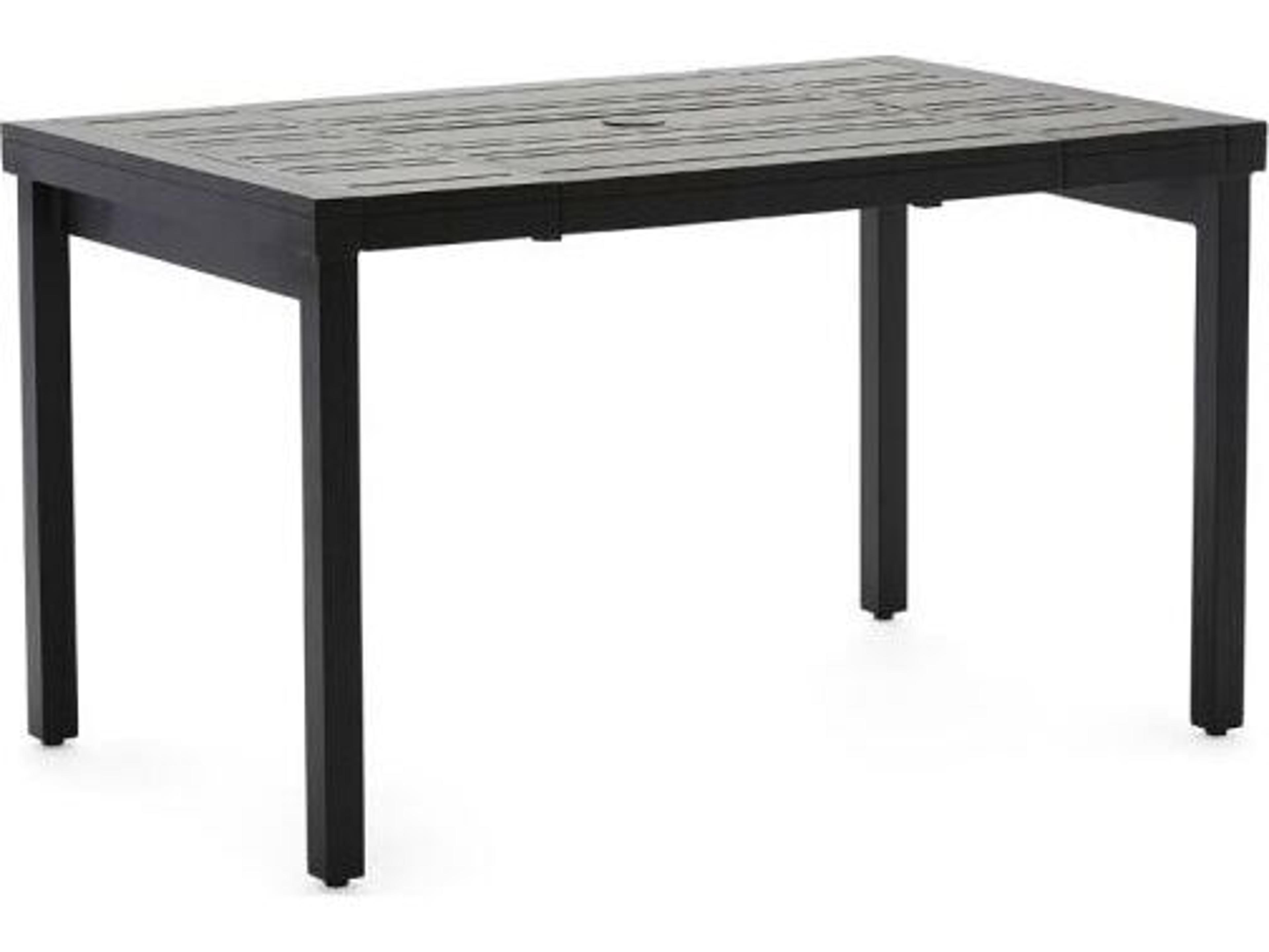 Woodard Tri-Slat Aluminum Square Small Extendable Outdoor Patio Dining Table with Umbrella Hole in Elite Base