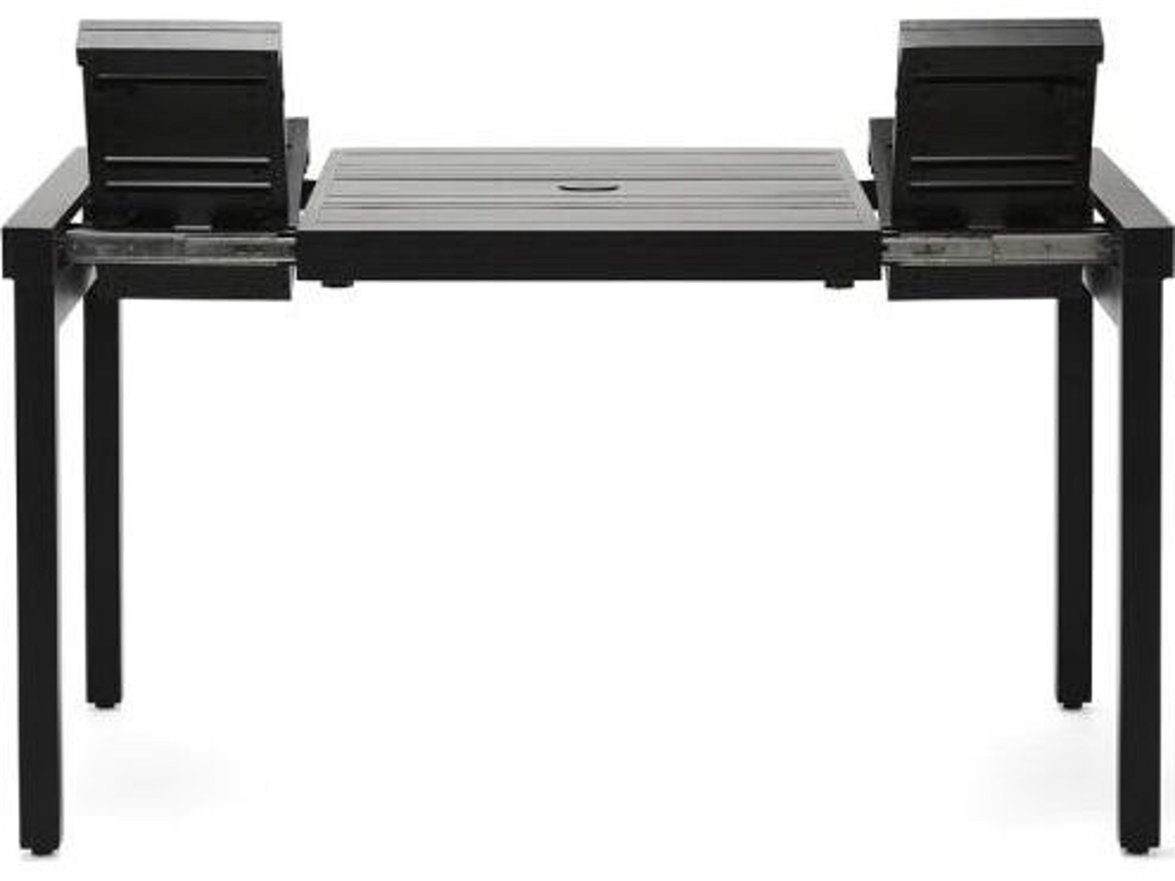 Woodard Tri-Slat Aluminum Square Small Extendable Outdoor Patio Dining Table with Umbrella Hole in Elite Base