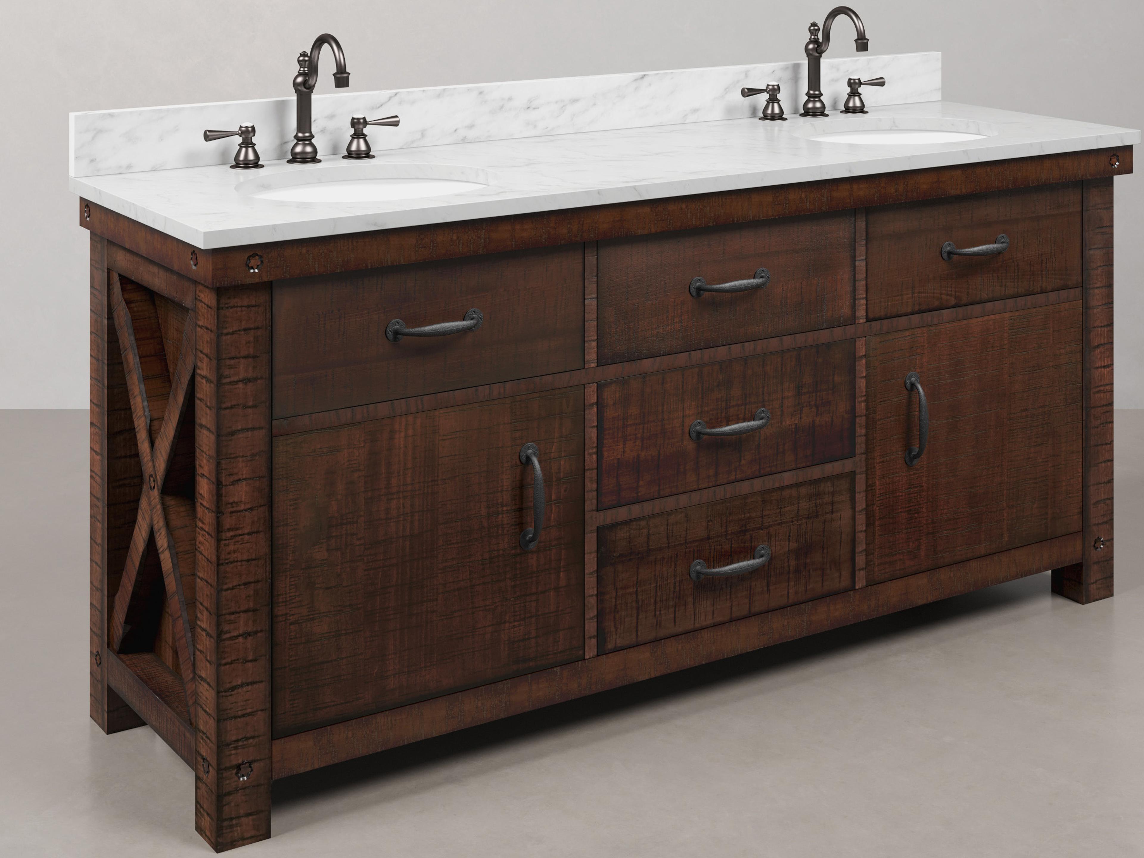 Aberdeen White Marble Countertop Bath Vanity in Rustic Sienna with Oil Rubbed Bronze Hook Faucets