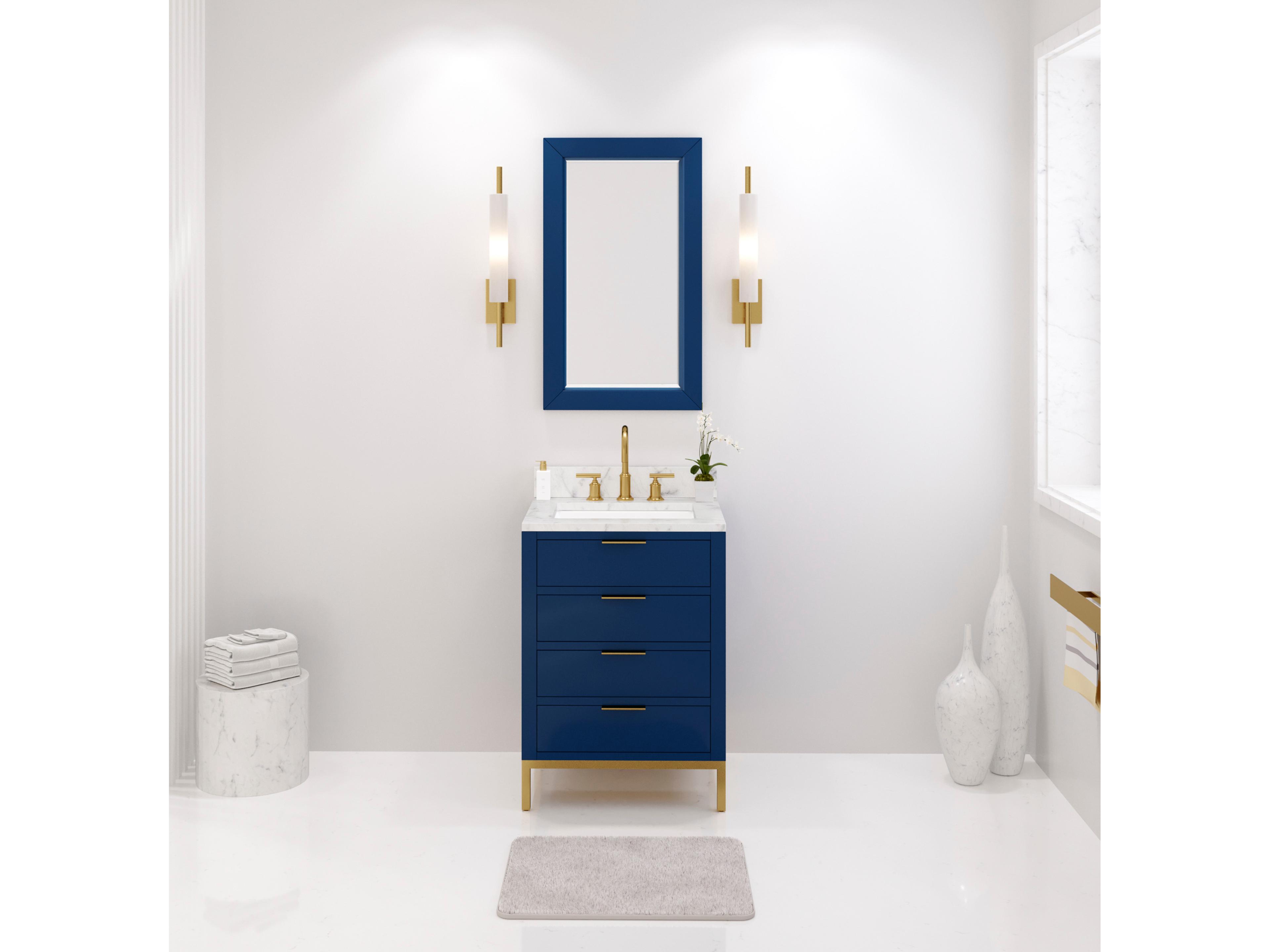 Water Creation Bristol Monarch Blue Vanity with Satin Gold Gooseneck Faucet and Rectangular Mirror (S)