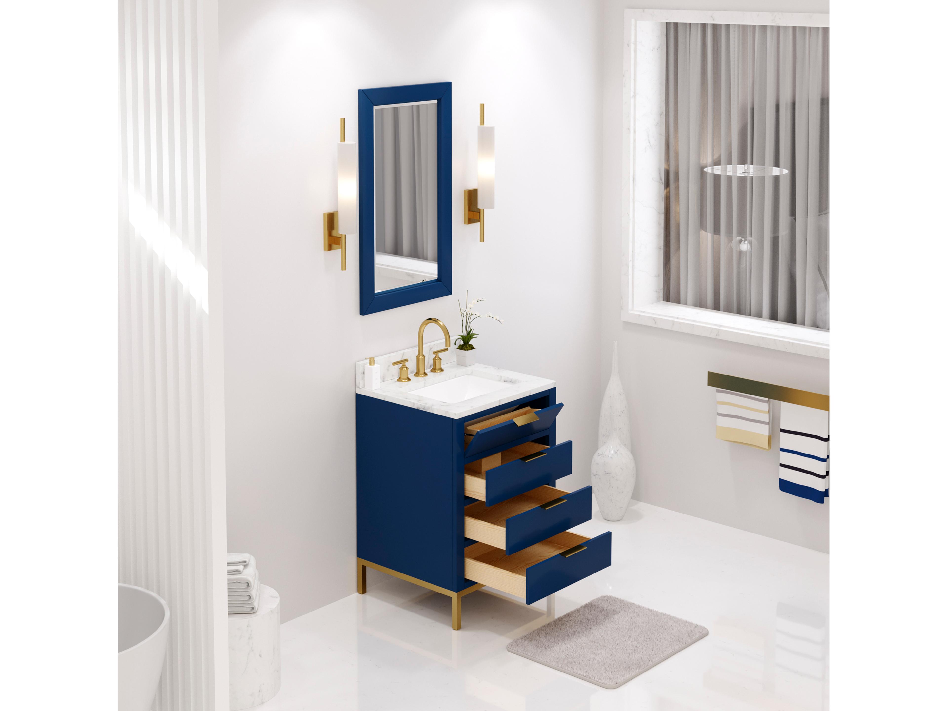 Water Creation Bristol Monarch Blue Vanity with Satin Gold Gooseneck Faucet and Rectangular Mirror (S)