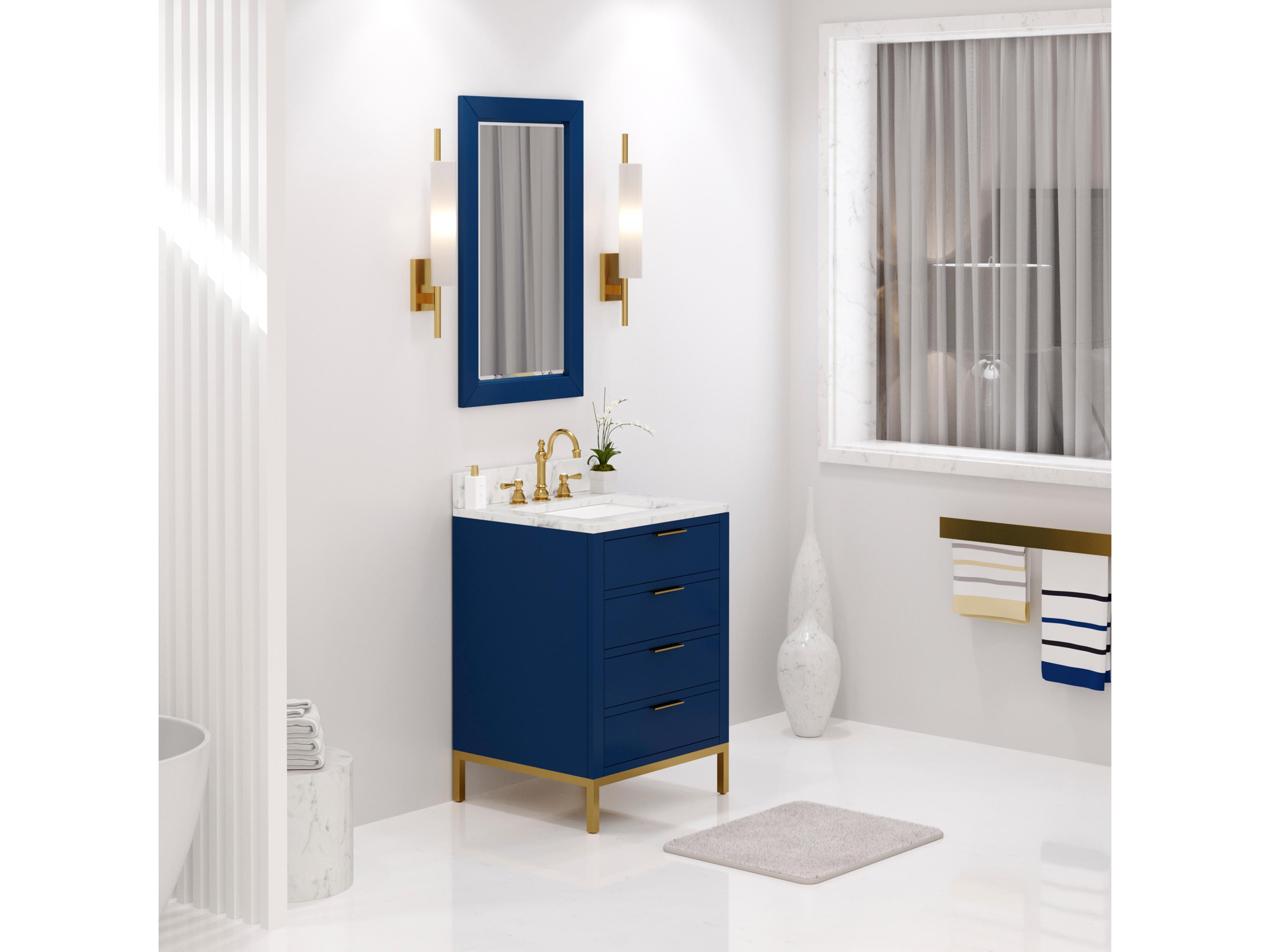 Water Creation Bristol Monarch Blue Vanity with Satin Gold Hook Faucet and Rectangular Mirror (S)