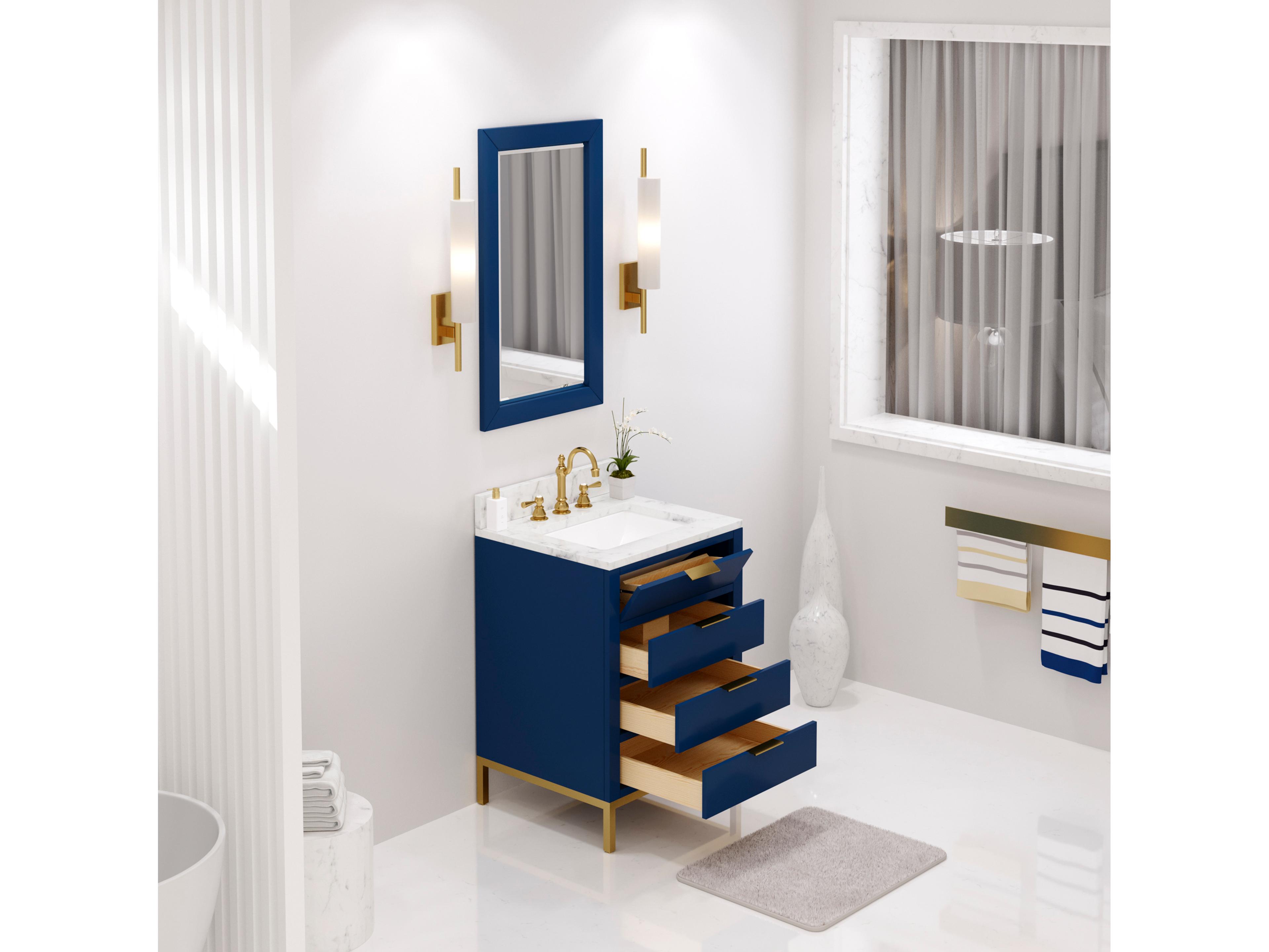 Water Creation Bristol Monarch Blue Vanity with Satin Gold Hook Faucet and Rectangular Mirror (S)