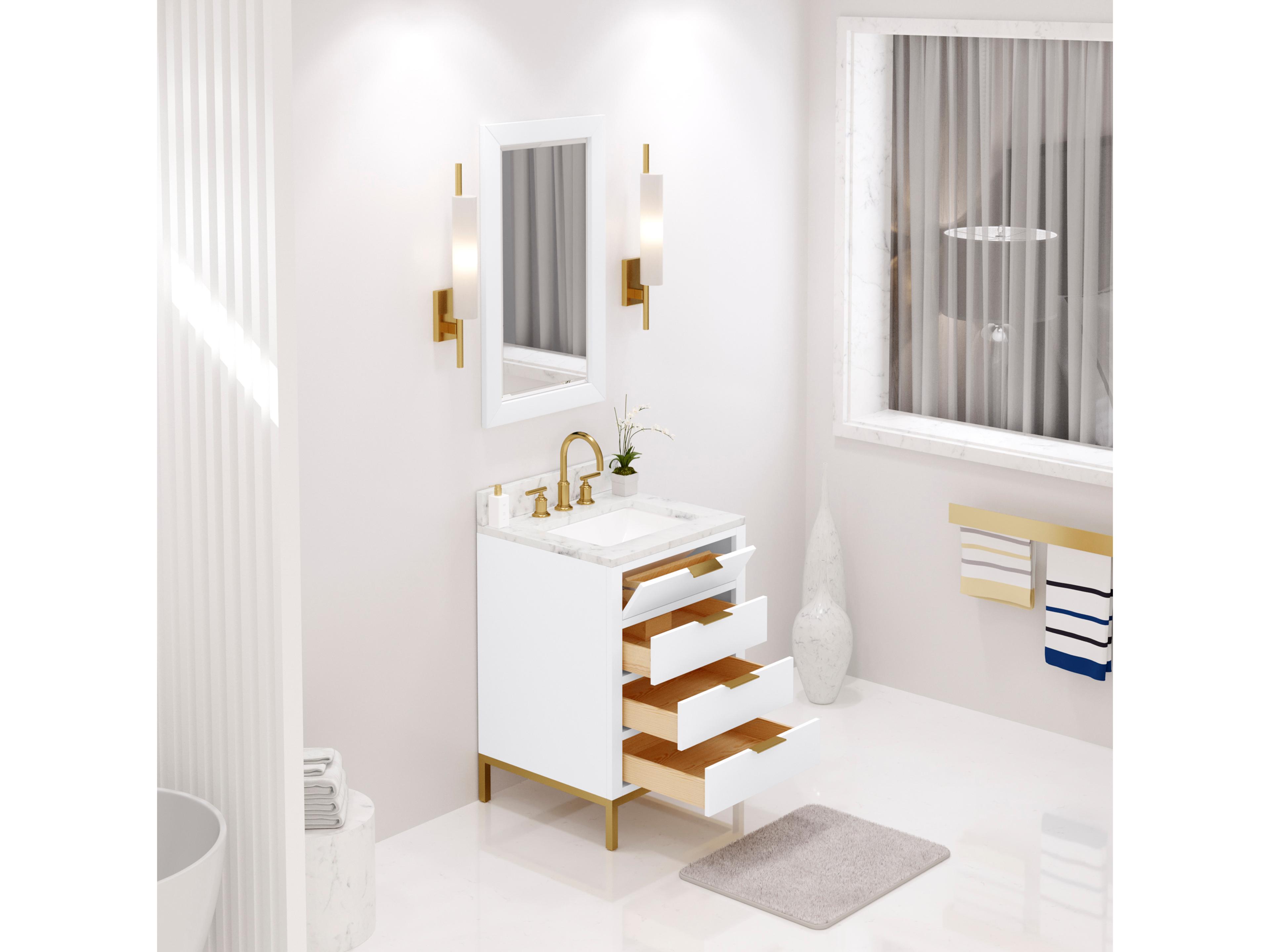 Water Creation Bristol Single Sink Carrara White Marble Countertop Bath Vanity in Pure White with Satin Gold Gooseneck Faucet