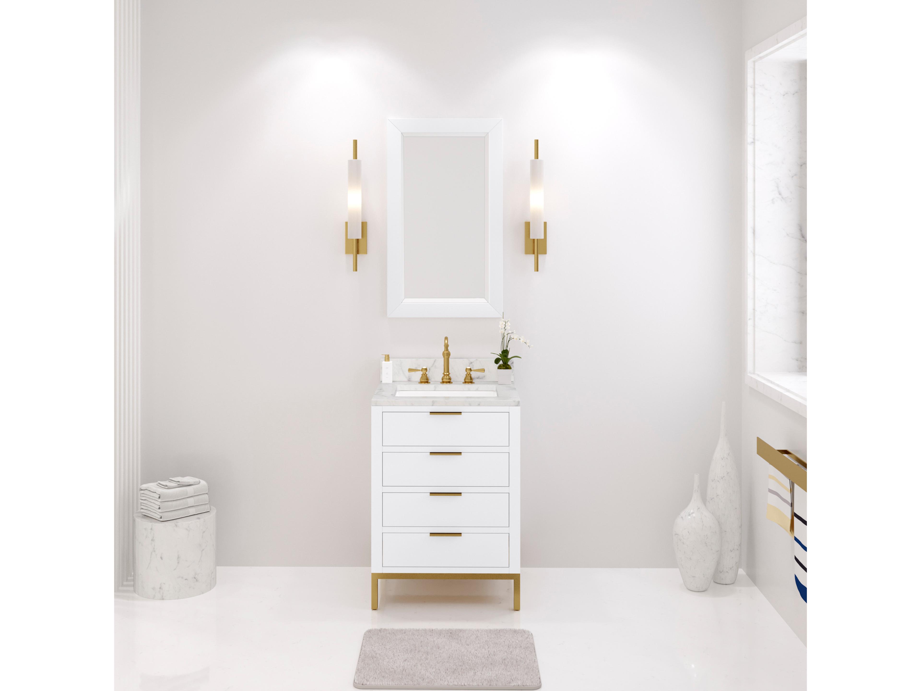 Water Creation Bristol Single Sink Carrara White Marble Countertop Bath Vanity in Pure White with Satin Gold Hook Faucet