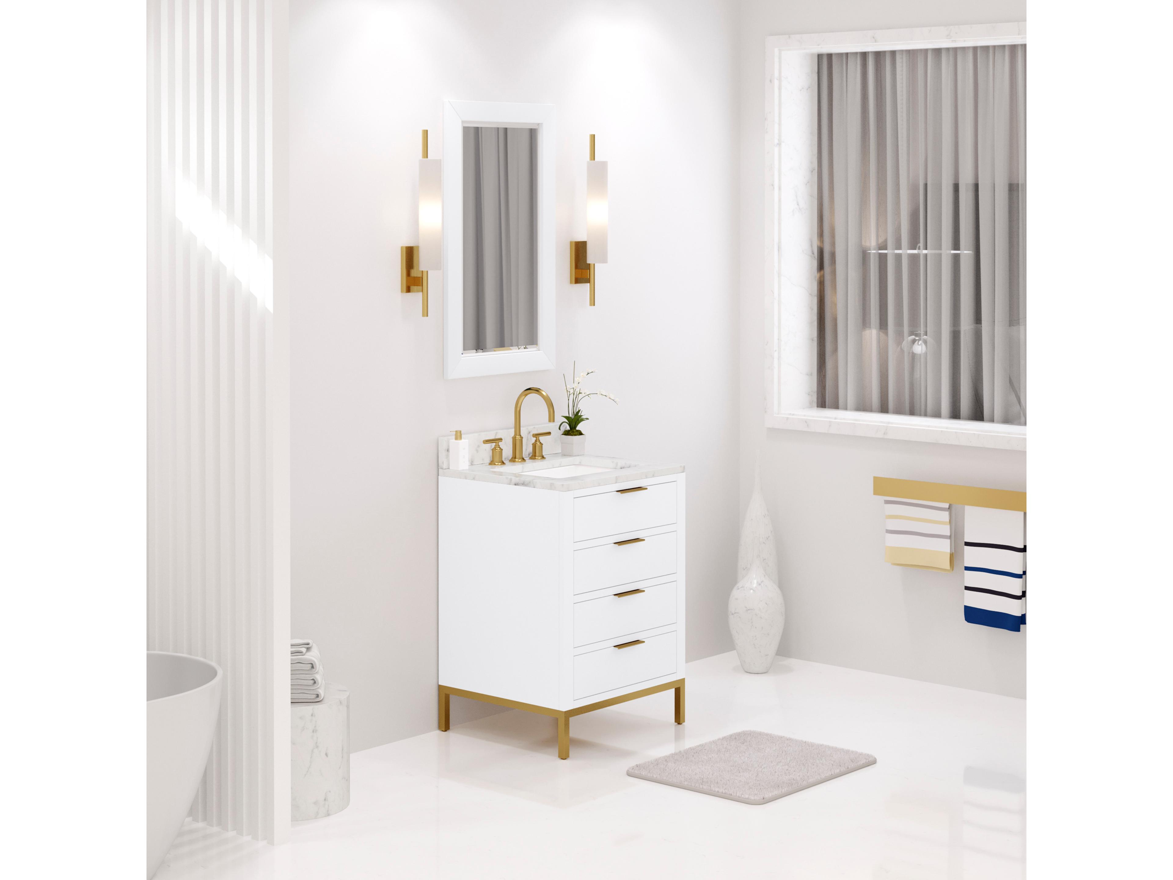 Water Creation Bristol Single Sink Carrara White Marble Countertop Bath Vanity in Pure White with Satin Gold Gooseneck Faucet and Rectangular Mirror (S)