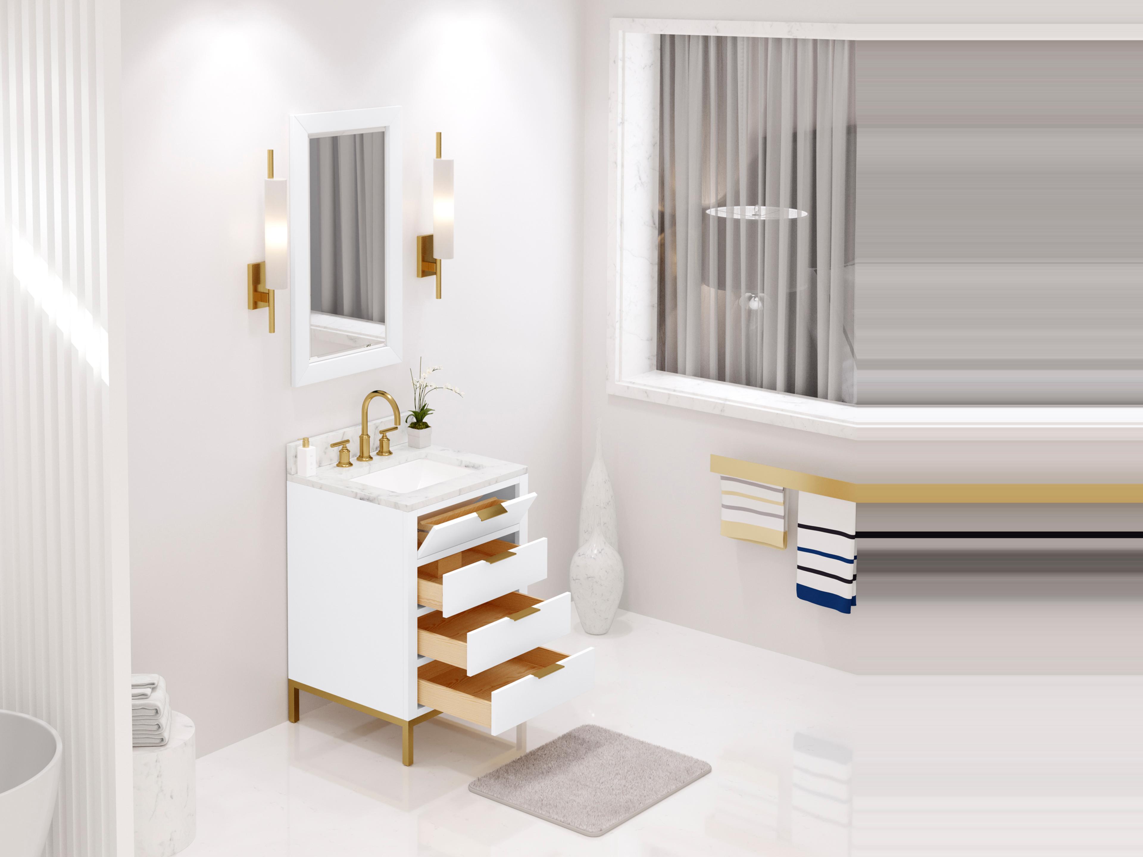 Water Creation Bristol Single Sink Carrara White Marble Countertop Bath Vanity in Pure White with Satin Gold Gooseneck Faucet and Rectangular Mirror (S)