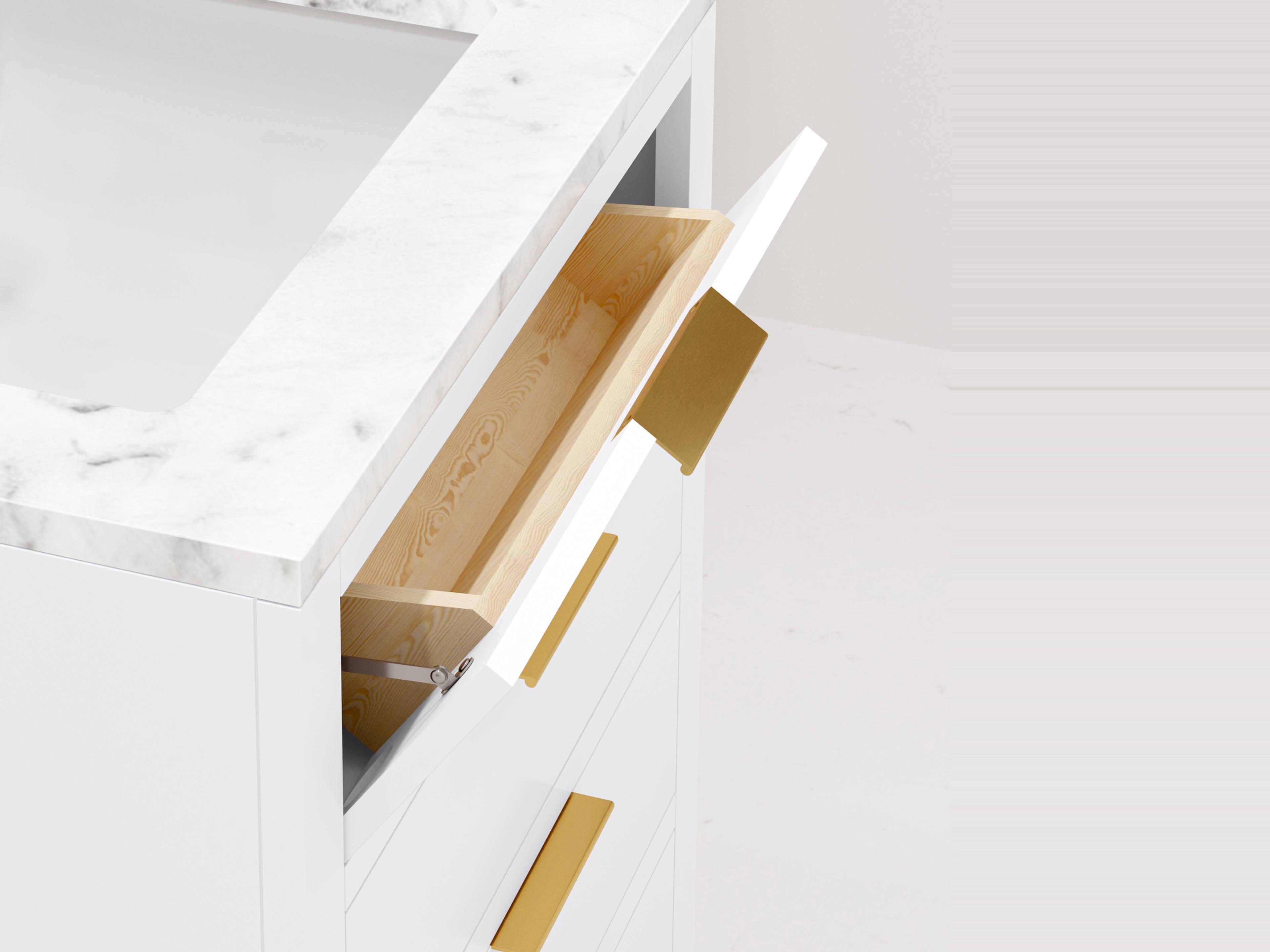 Water Creation Bristol Single Sink Carrara White Marble Countertop Bath Vanity in Pure White with Satin Gold Gooseneck Faucet and Rectangular Mirror (S)