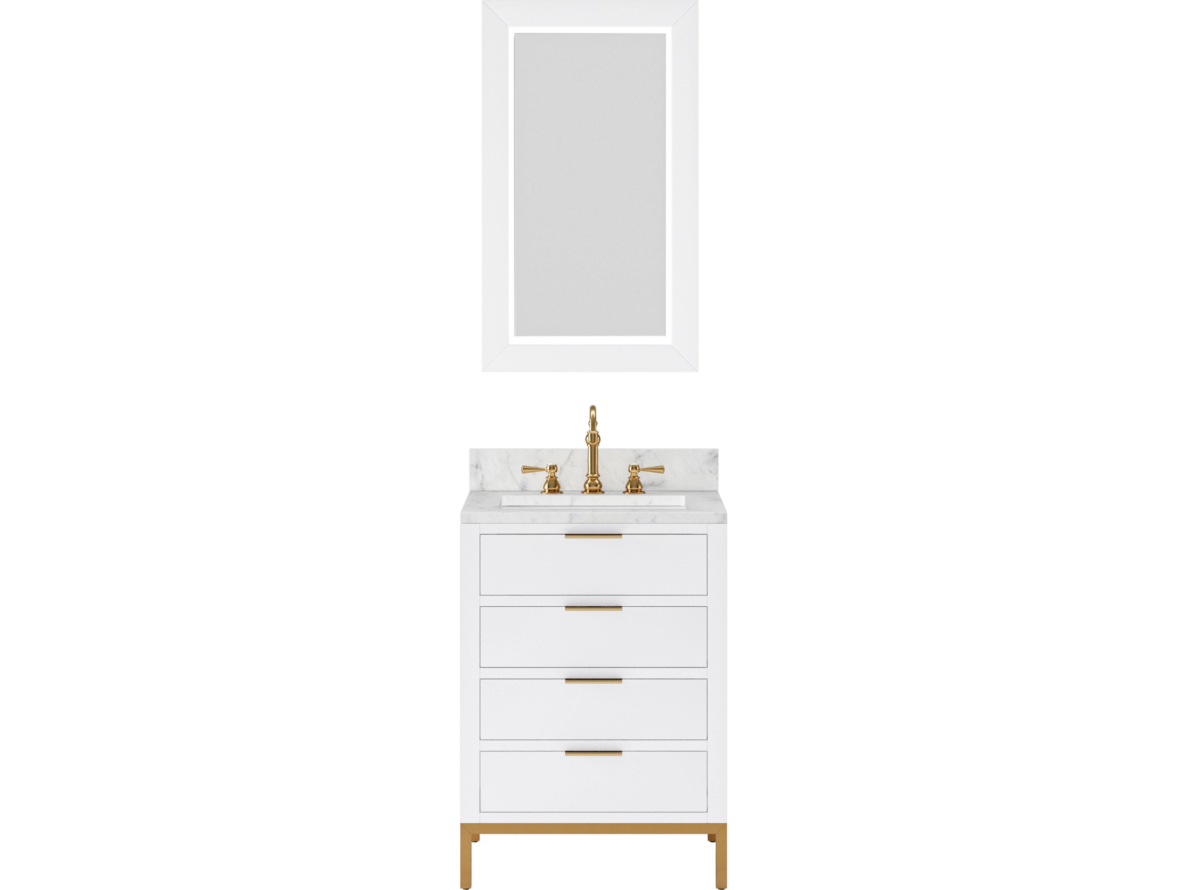 Water Creation Bristol Single Sink Carrara White Marble Countertop Bath Vanity in Pure White with Satin Gold Hook Faucet and Rectangular Mirror (S)