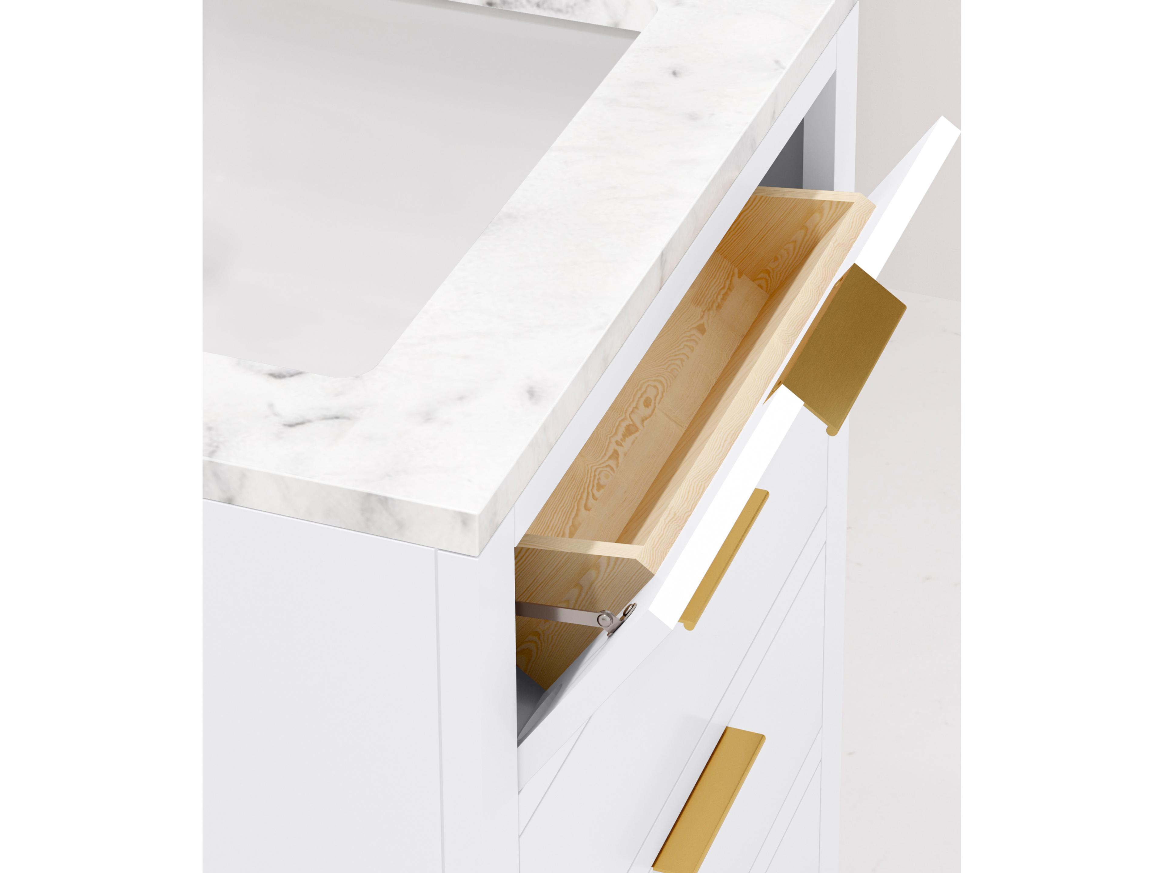 Water Creation Bristol Single Sink Carrara White Marble Countertop Bath Vanity in Pure White with Satin Gold Hook Faucet and Rectangular Mirror (S)