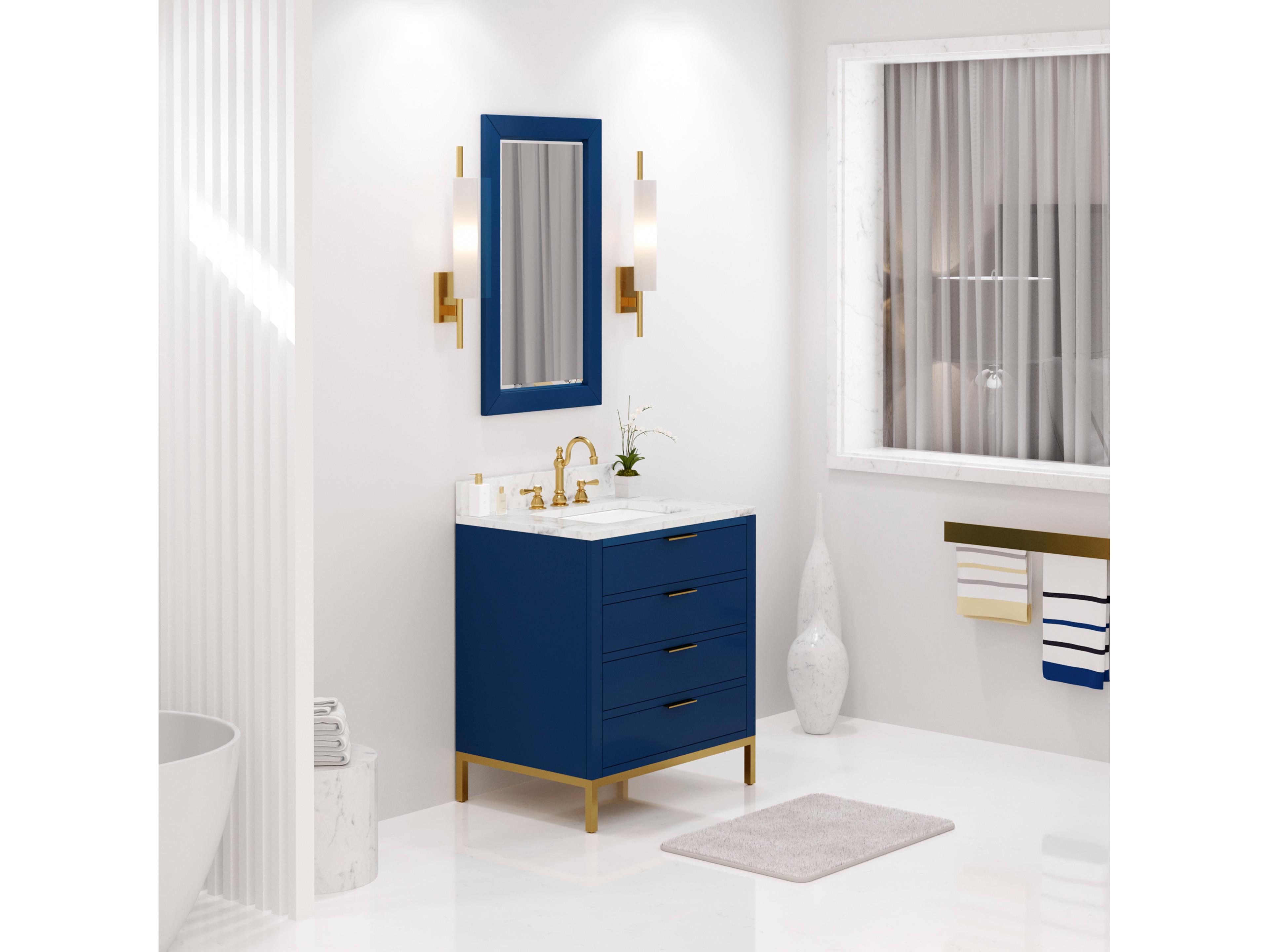 Water Creation Bristol Single Sink Carrara White Marble Countertop Bath Vanity in Monarch Blue