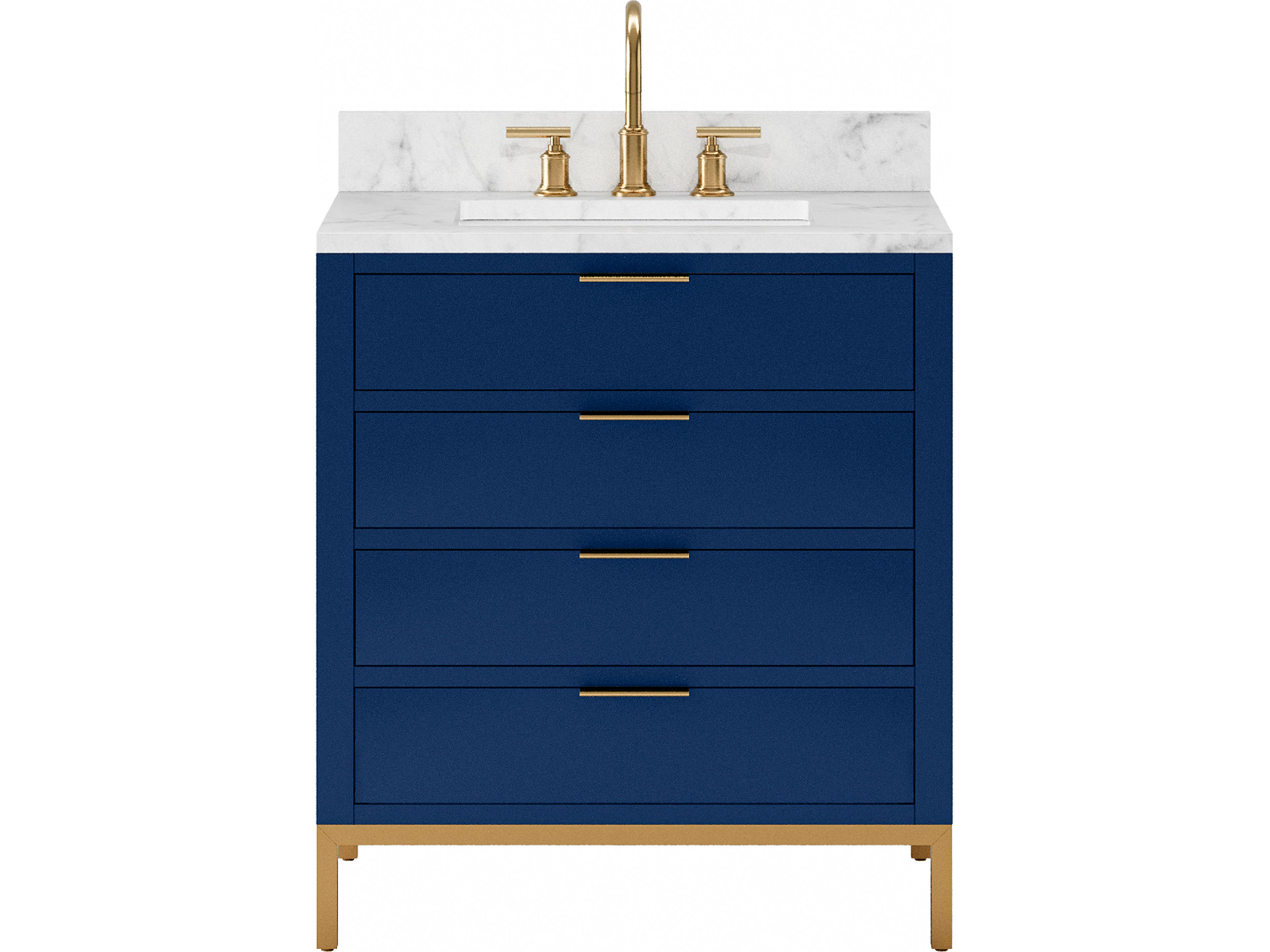 Bristol Single Sink Carrara White Marble Countertop Bath Vanity in Monarch Blue with Satin Gold Gooseneck Faucet