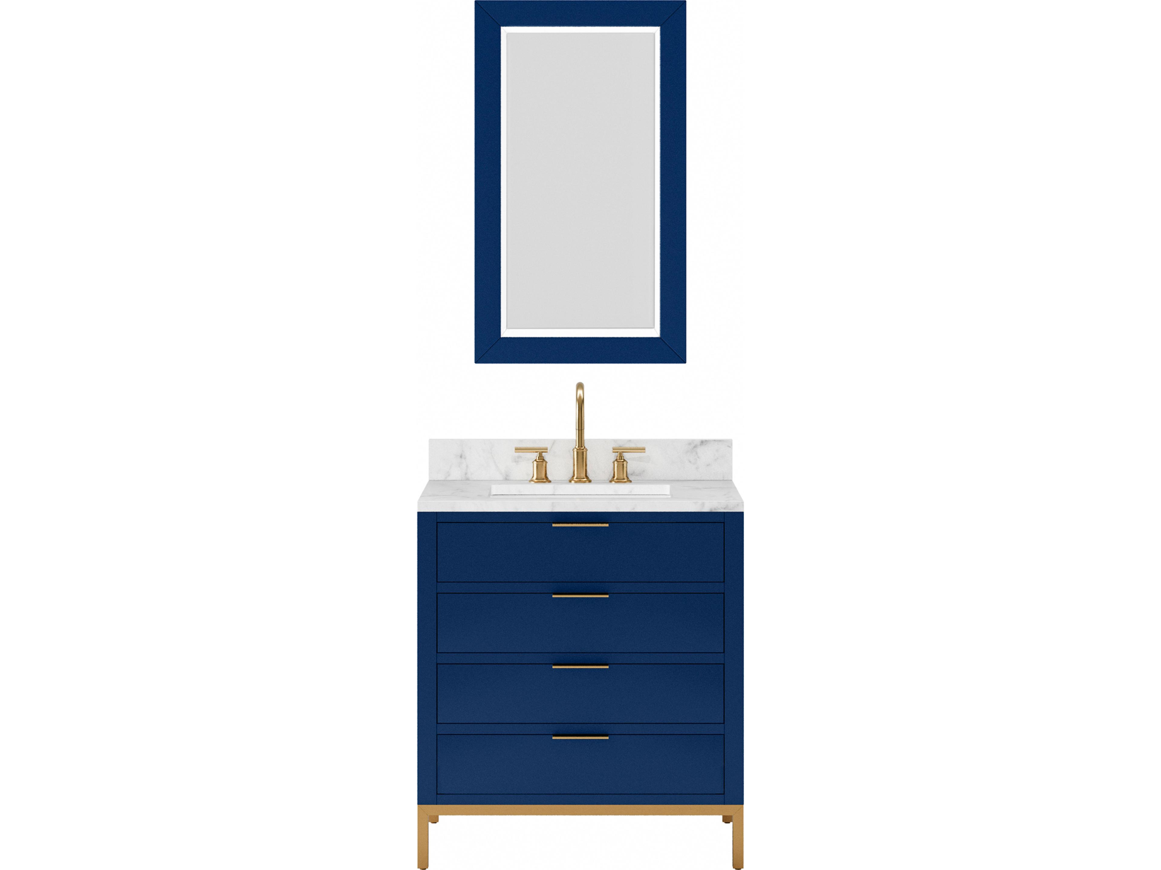 Bristol Single Sink Carrara White Marble Countertop Bath Vanity in Monarch Blue with Satin Gold Gooseneck Faucet and Rectangular Mirror (S)