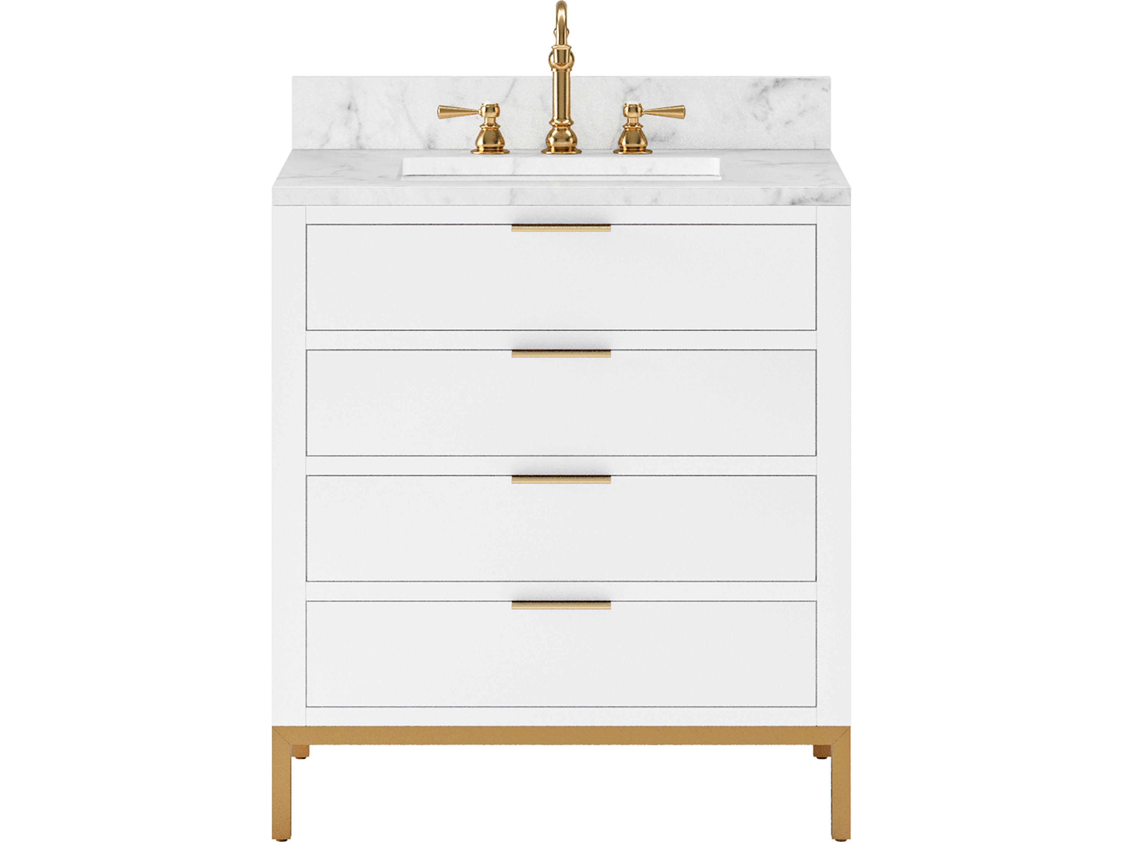 Bristol Single Sink Carrara White Marble Countertop Bath Vanity in Pure White with Satin Gold Hook Faucet