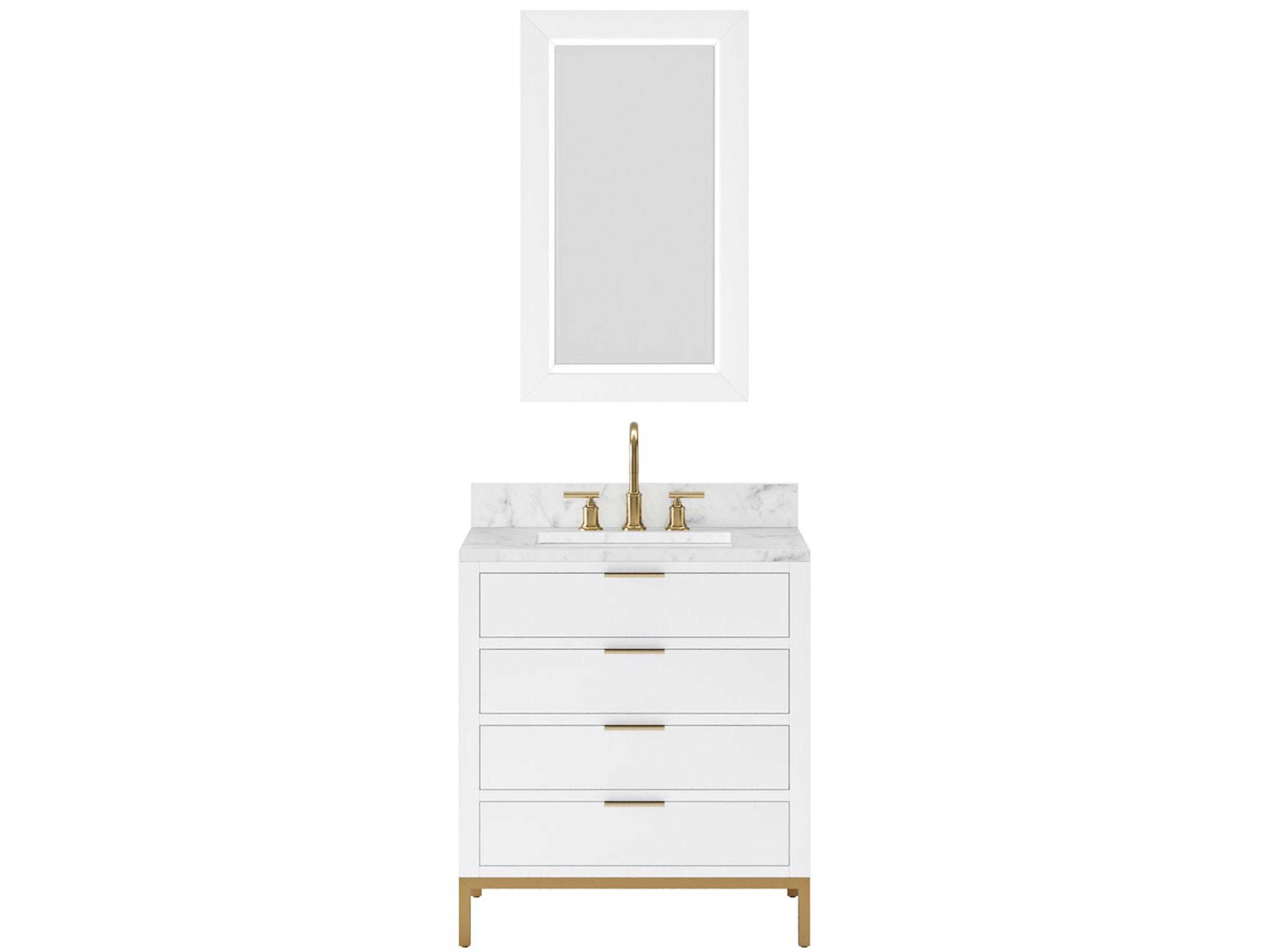 Bristol  Single Sink Carrara White Marble Countertop Bath Vanity in Pure White with Satin Gold Gooseneck Faucet and Rectangular Mirror (S)
