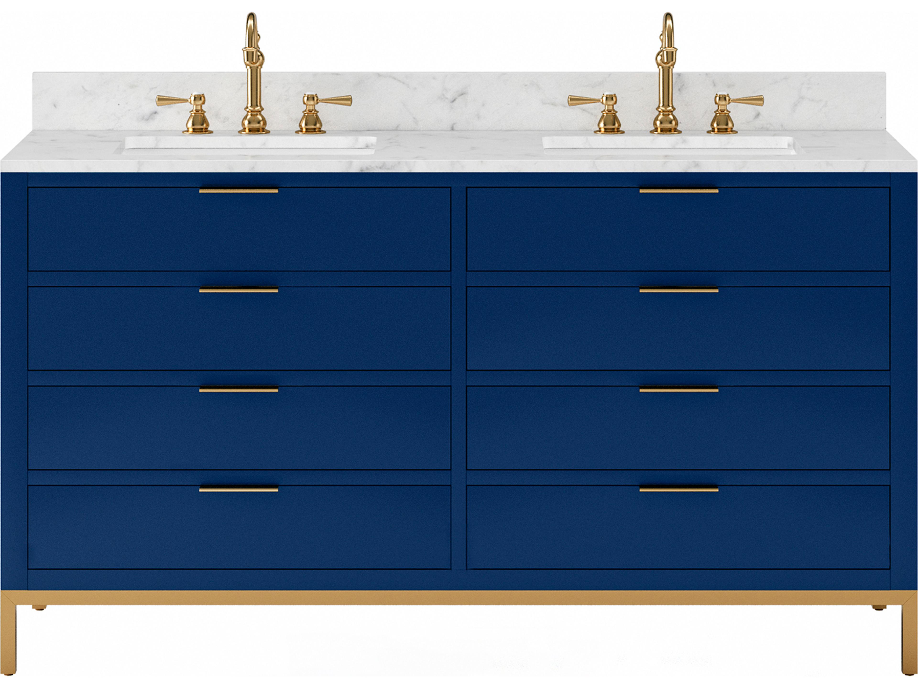 Bristol Double Sink Carrara White Marble Countertop Bath Vanity in Monarch Blue with Satin Gold Hook Faucets