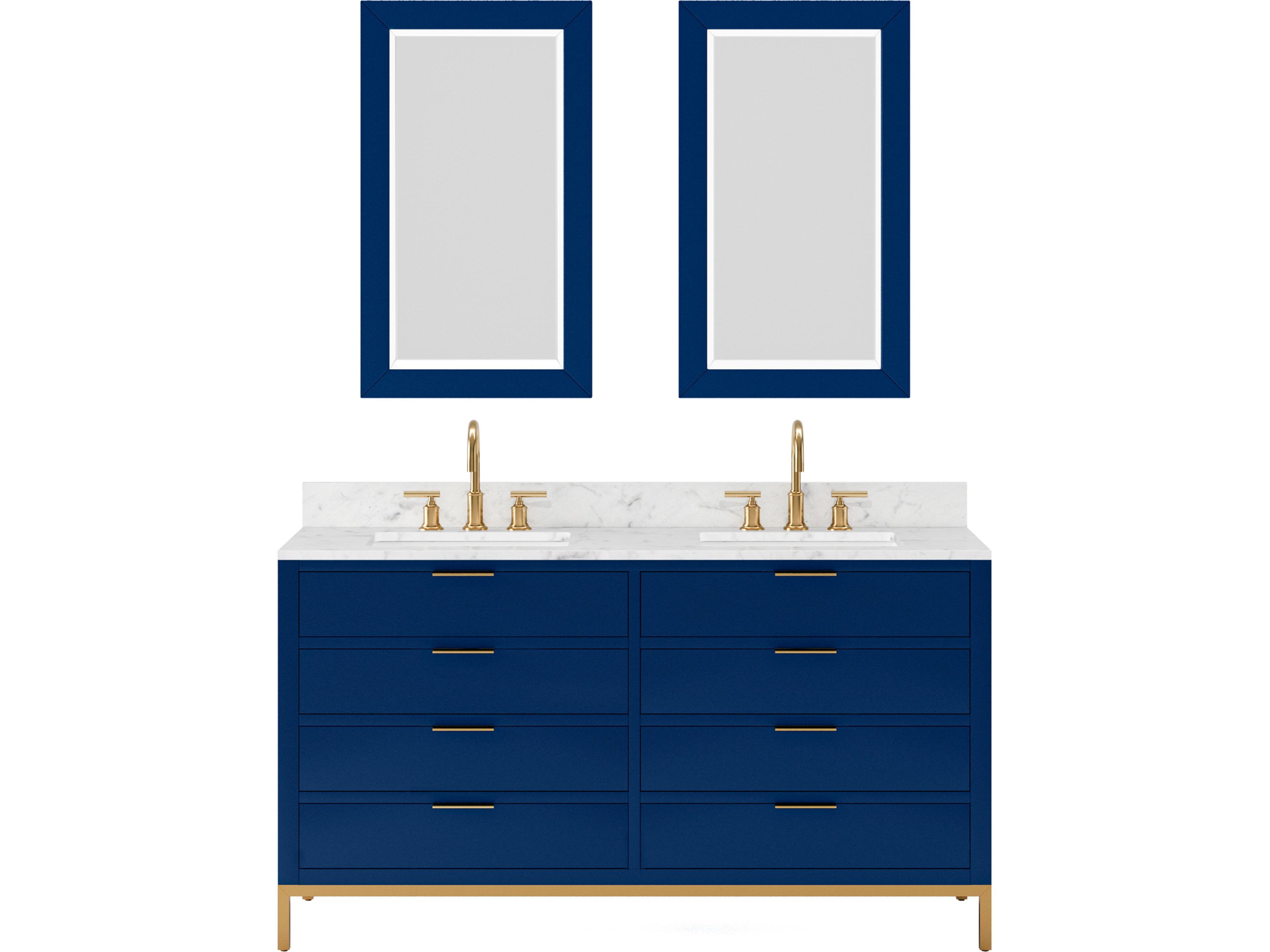 Bristol Double Sink Carrara White Marble Countertop Bath Vanity in Monarch Blue with Satin Gold Gooseneck Faucets and Rectangular Mirrors (S)