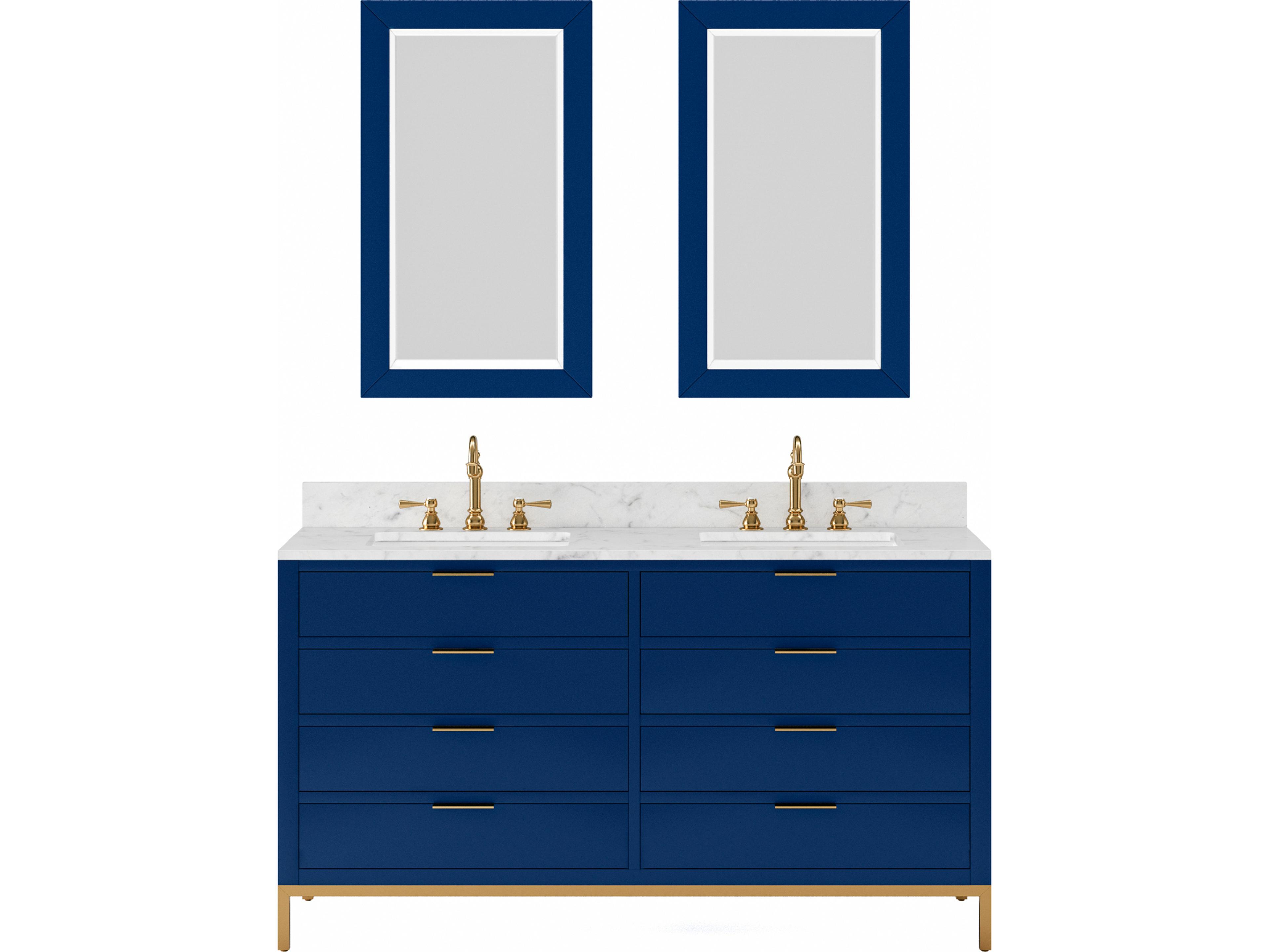 Bristol Double Sink Carrara White Marble Countertop Bath Vanity in Monarch Blue with Satin Gold Hook Faucets and Rectangular Mirrors (S)