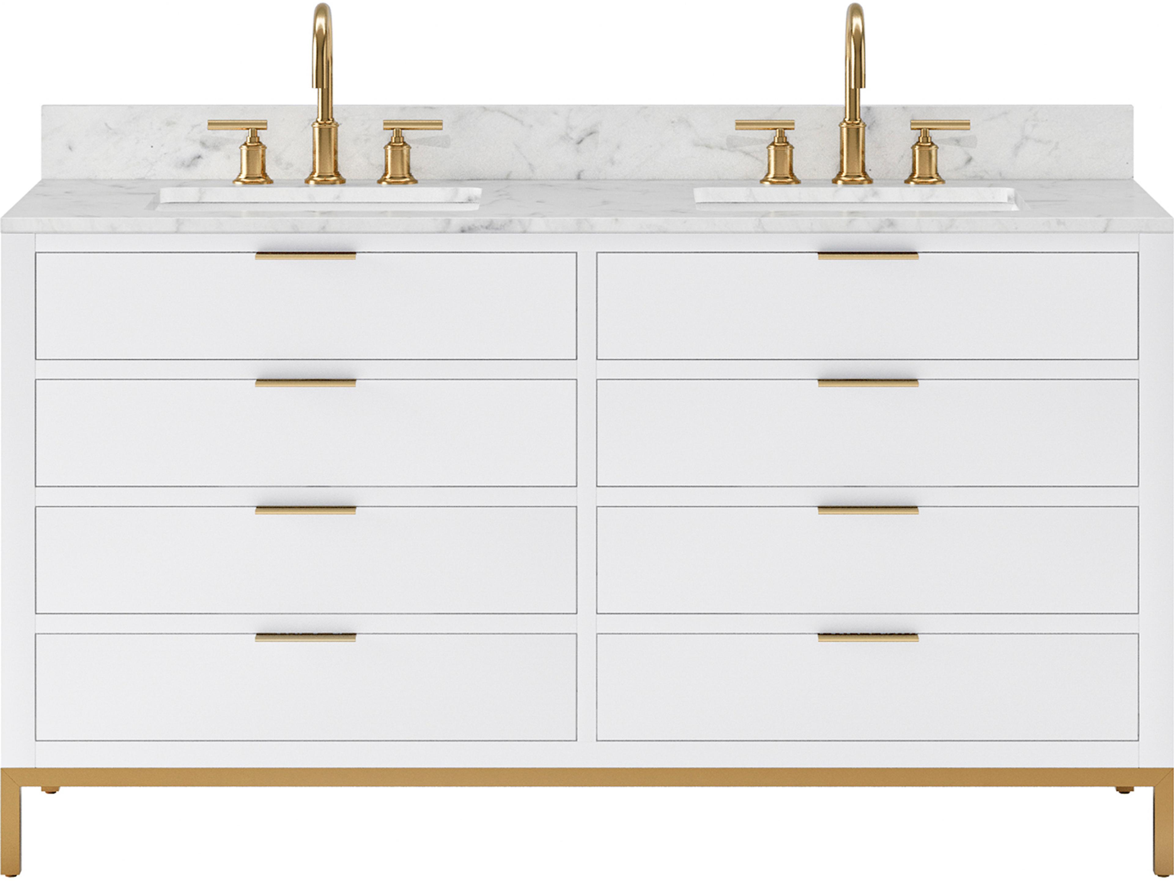 Bristol Double Sink Carrara White Marble Countertop Bath Vanity in Pure White with Satin Gold Gooseneck Faucets
