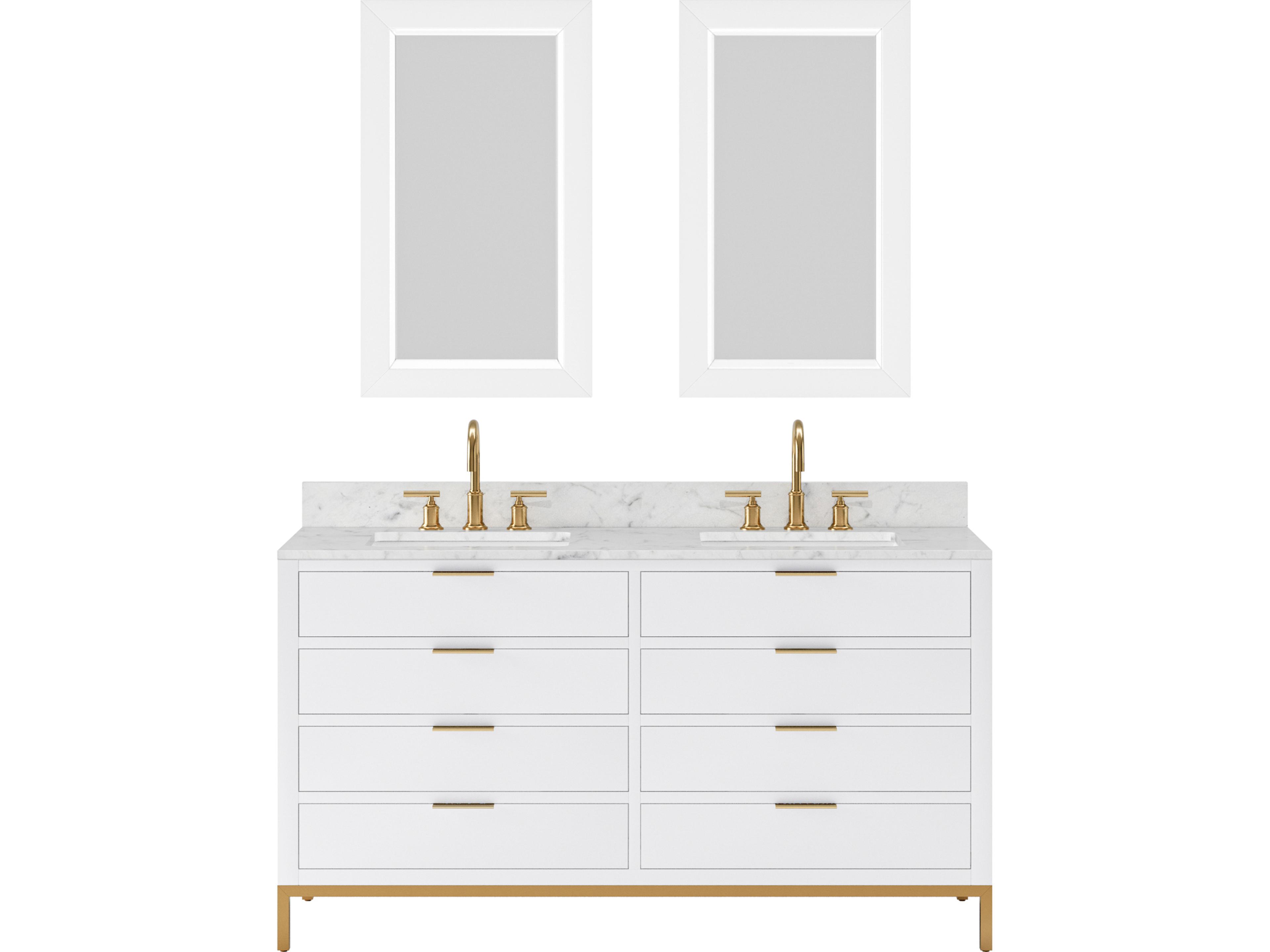 Bristol Double Sink Carrara White Marble Countertop Bath Vanity in Pure White with Satin Gold Gooseneck Faucets and Rectangular Mirrors (S)