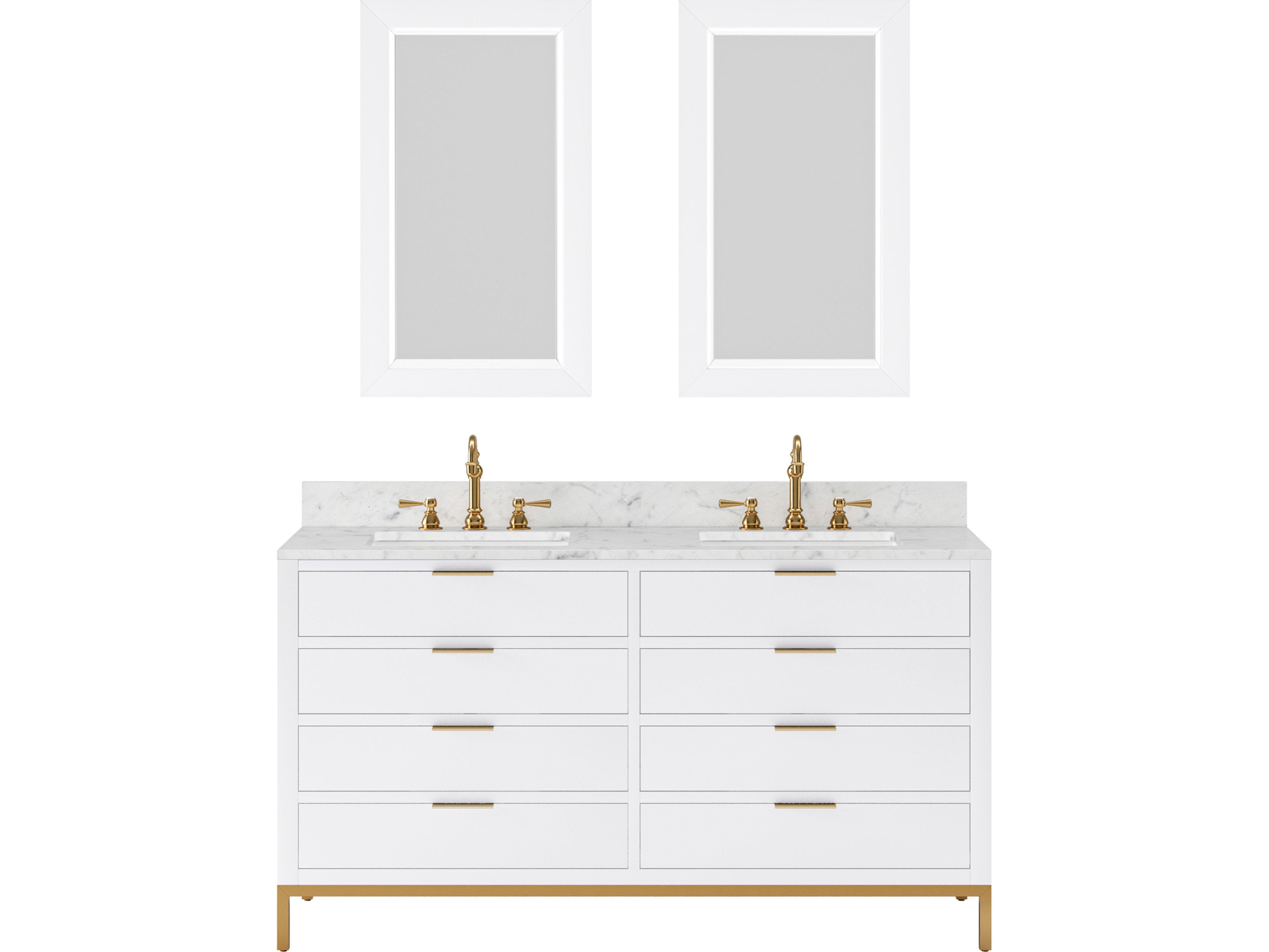 Bristol Double Sink Carrara White Marble Countertop Bath Vanity in Pure White with Satin Gold Hook Faucets and Rectangular Mirrors (S)