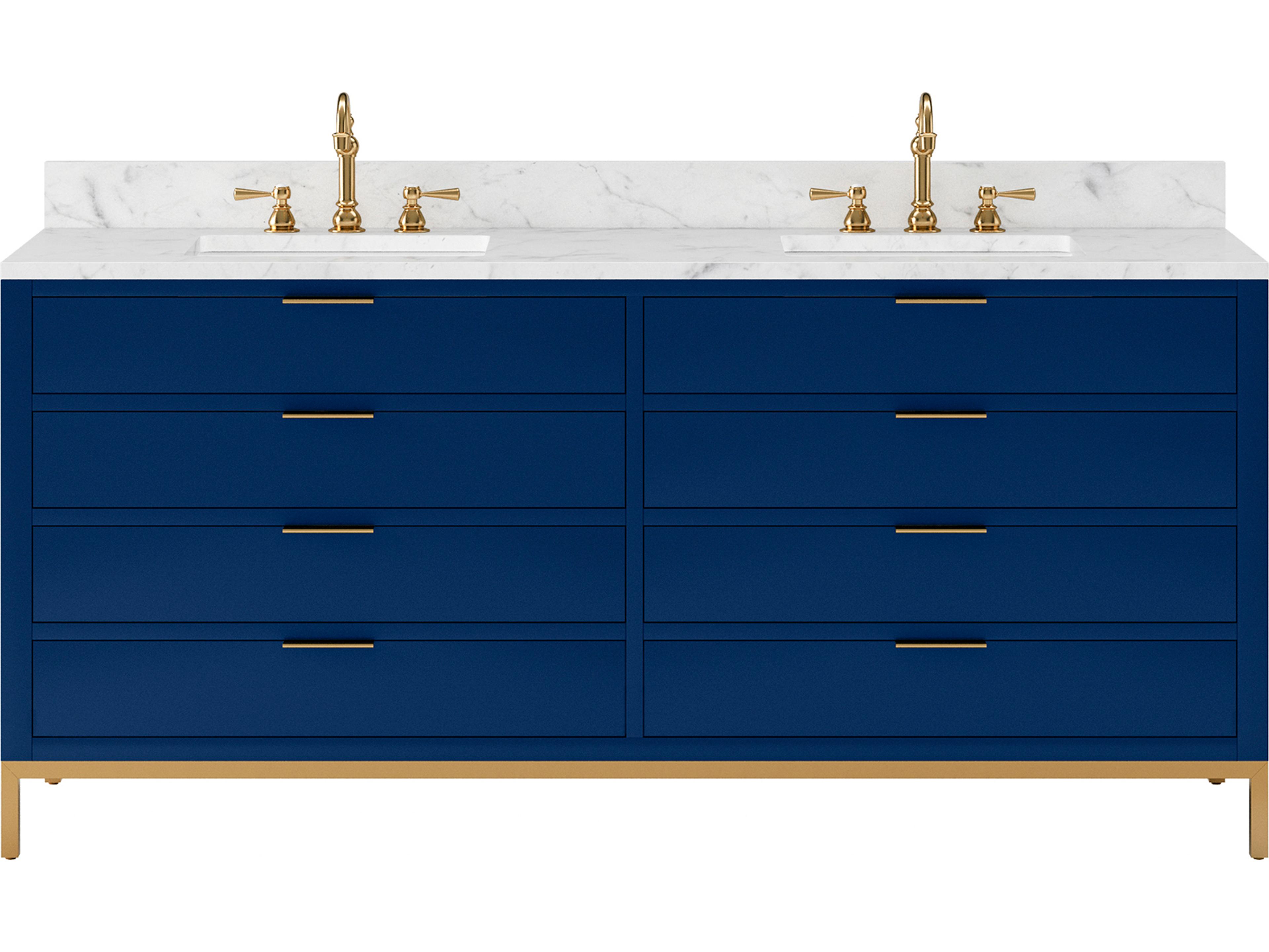 Double Sink Carrara White Marble Countertop Bath Vanity in Monarch BlueSatin Gold Vanity