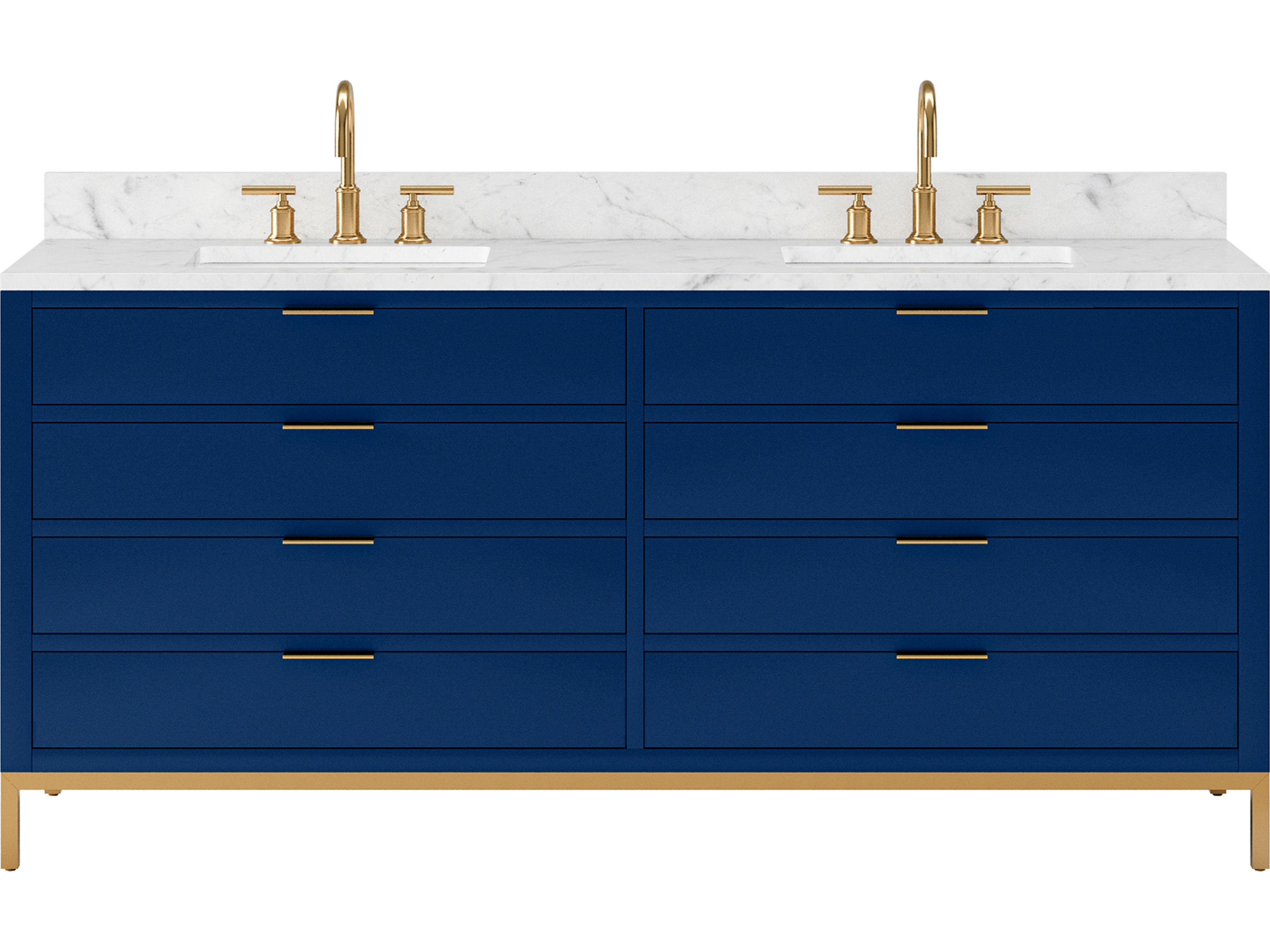 Bristol Double Sink Carrara White Marble Countertop Bath Vanity in Monarch Blue with Satin Gold Gooseneck Faucets