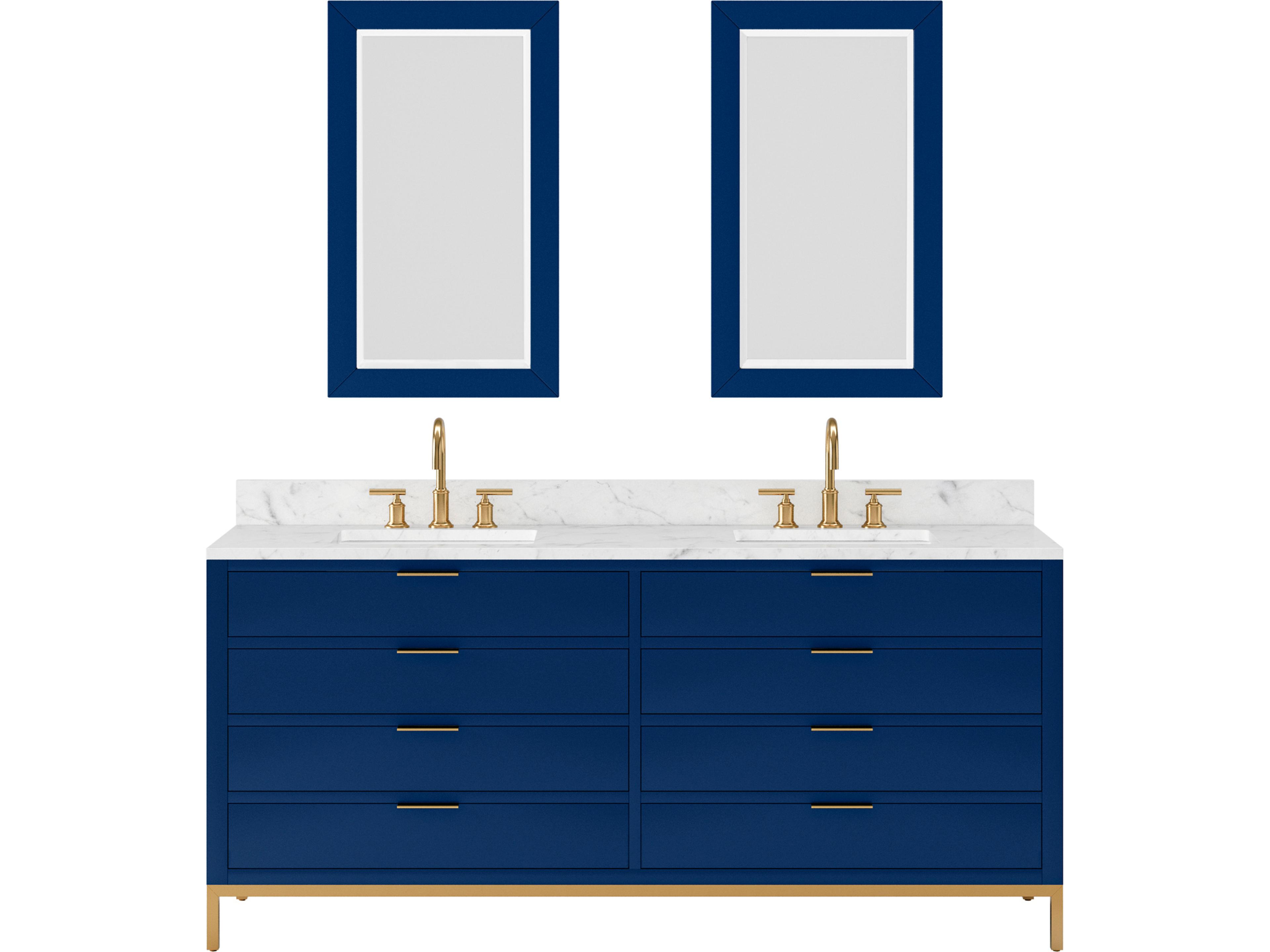 Double Sink Carrara White Marble Countertop Bath Vanity in Monarch Blue with Satin Gold Gooseneck Faucets and Rectangular Mirrors (S)Satin Gold Vanity
