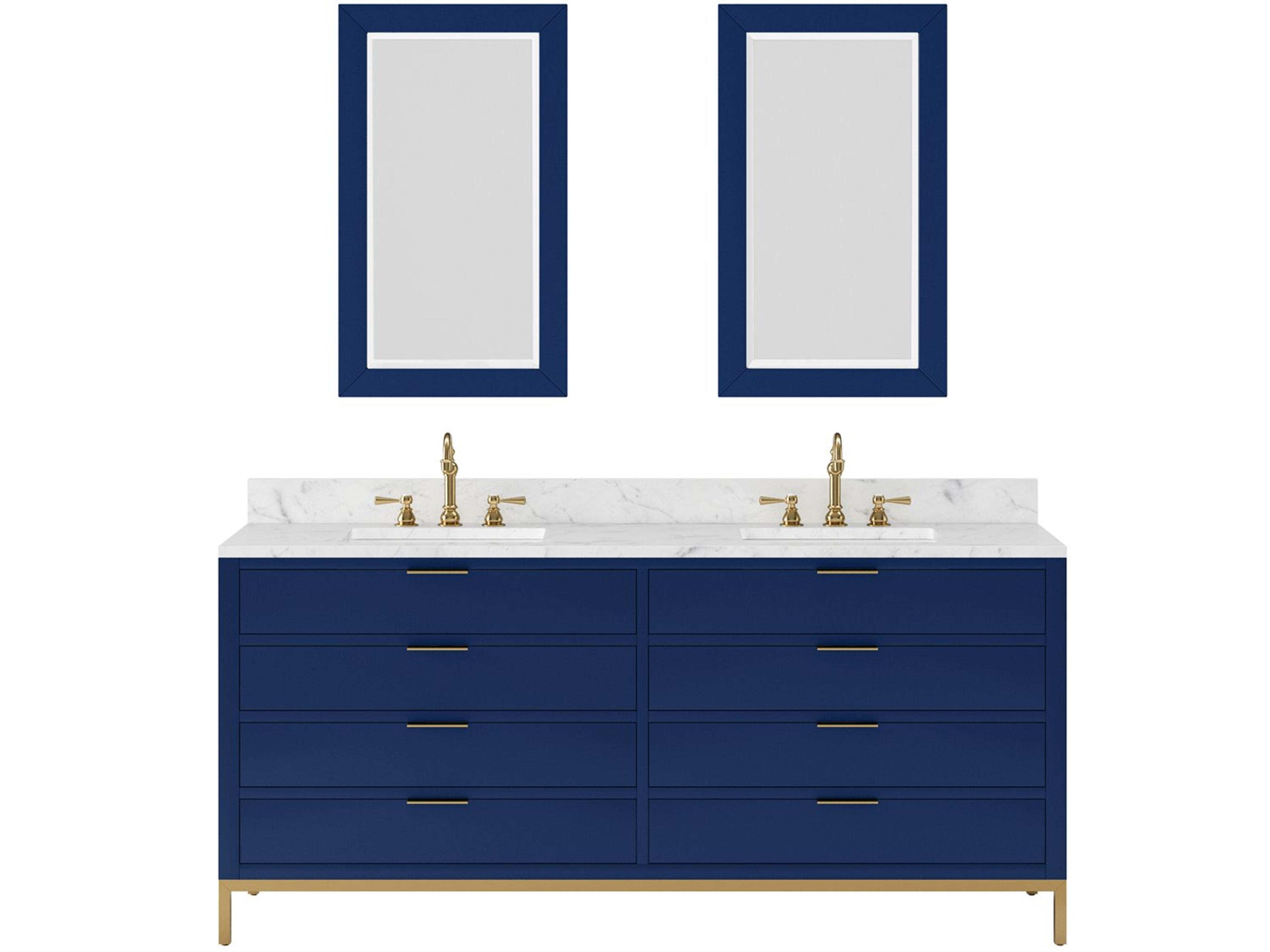 Bristol Double Sink Carrara White Marble Countertop Bath Vanity in Monarch Blue with Satin Gold Hook Faucets and Rectangular Mirrors (S)