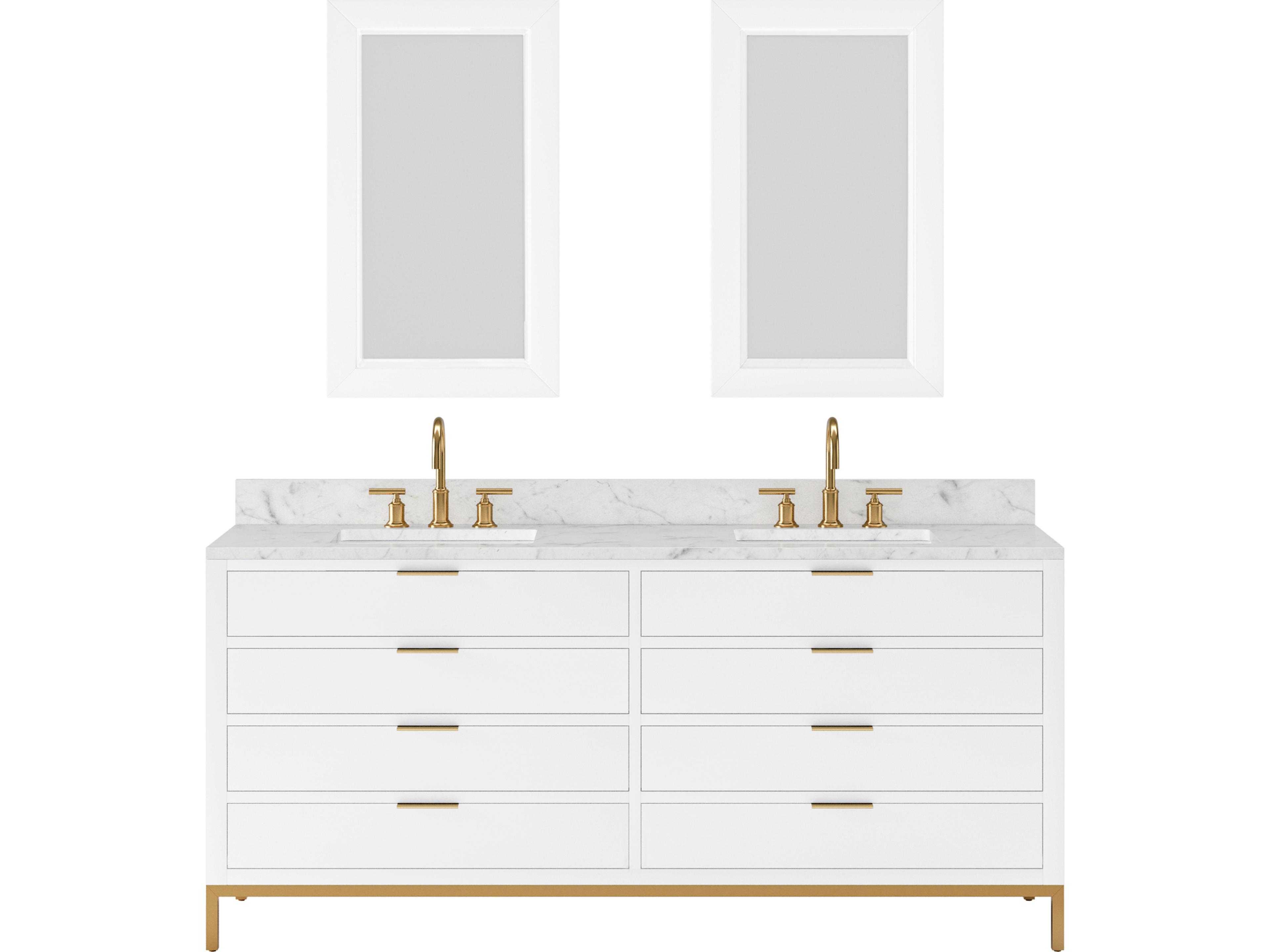 Bristol  Double Sink Carrara White Marble Countertop Bath Vanity in Pure White with Satin Gold Gooseneck Faucets and Rectangular Mirrors (S)