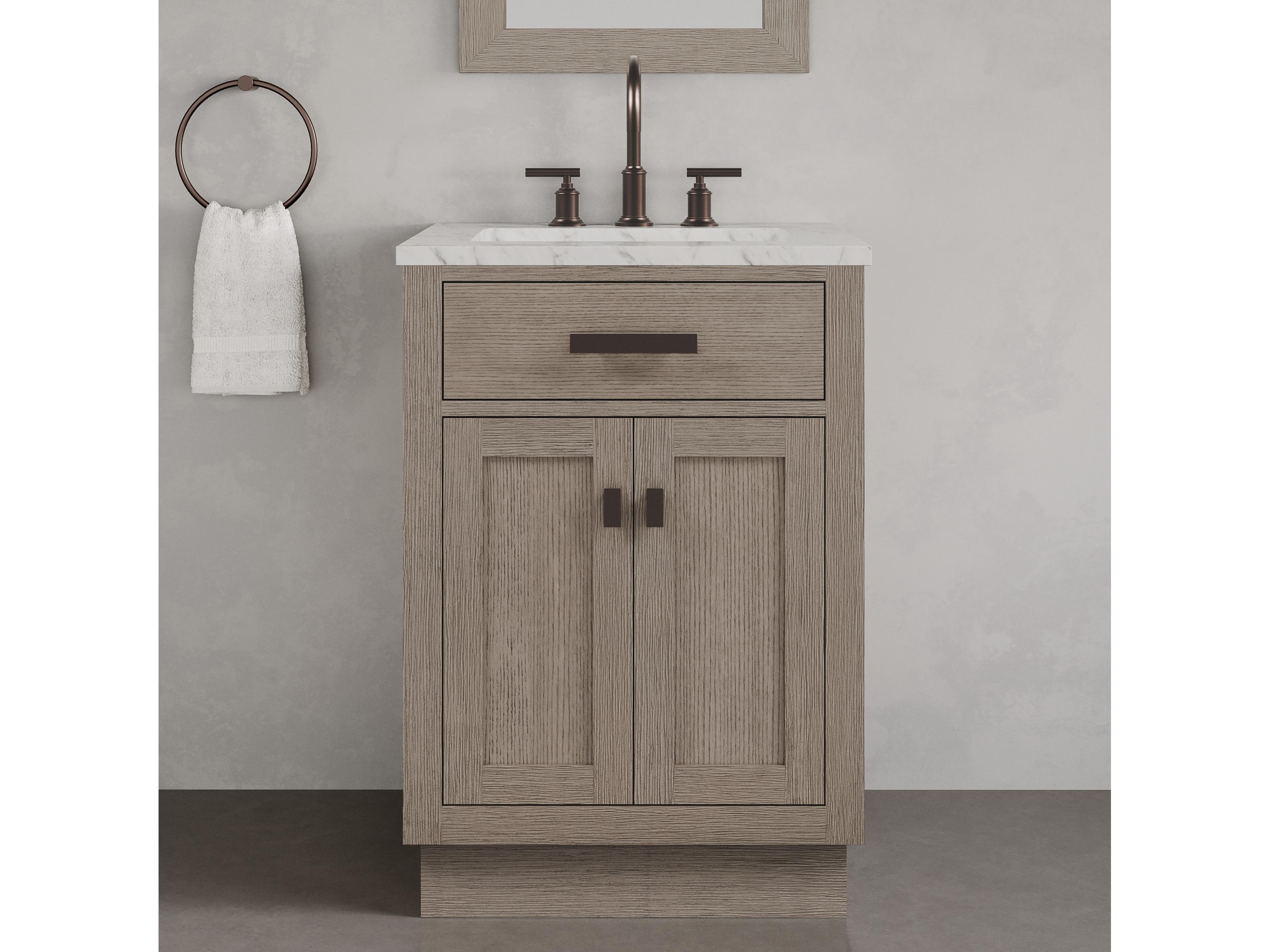 Water Creation Chestnut Single Sink Carrara White Marble Countertop Bath Vanity In Grey Oak with Oil Rubbed Bronze Hardware and Gooseneck Faucet