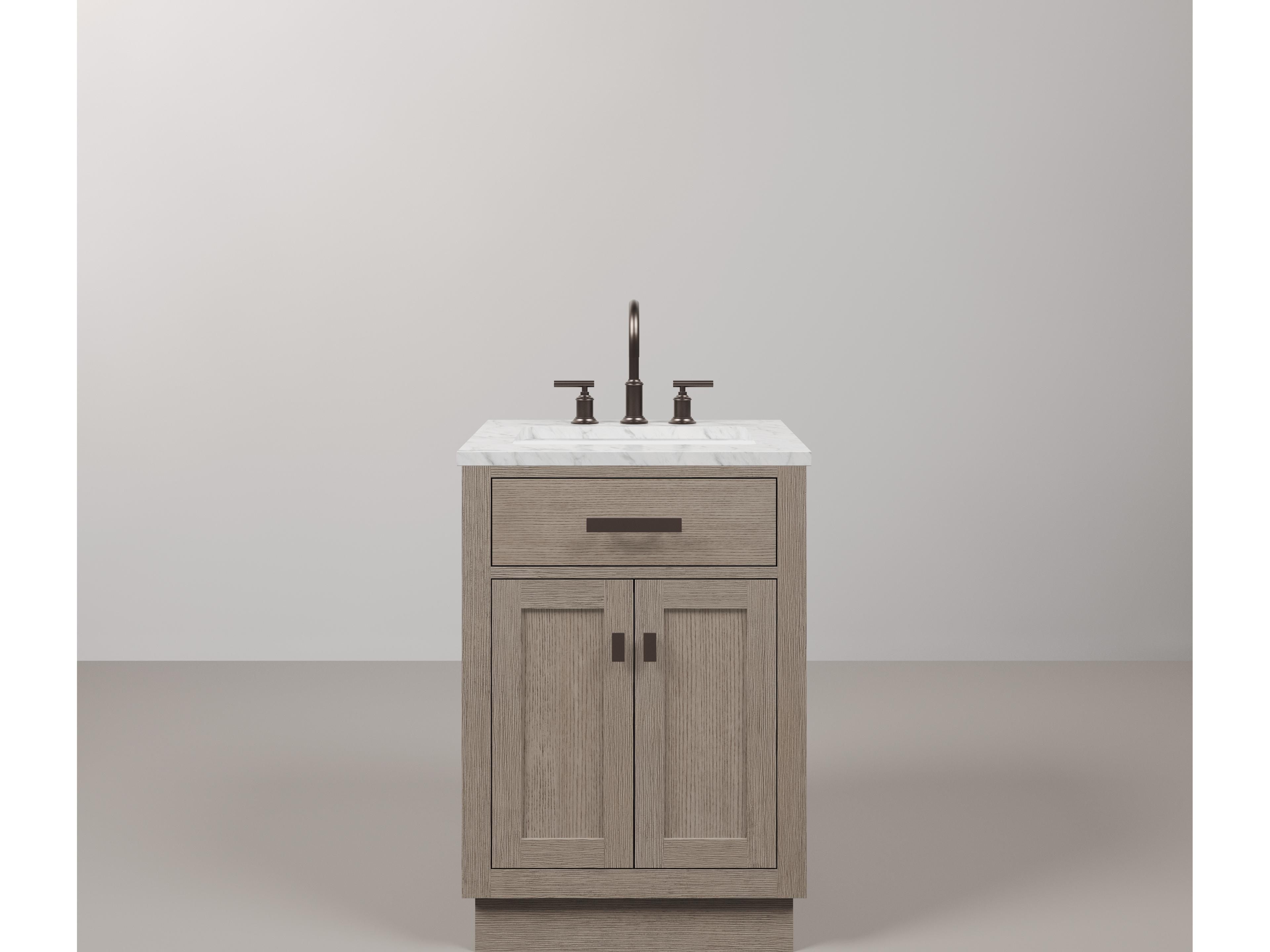 Water Creation Chestnut Single Sink Carrara White Marble Countertop Bath Vanity In Grey Oak with Oil Rubbed Bronze Hardware and Gooseneck Faucet
