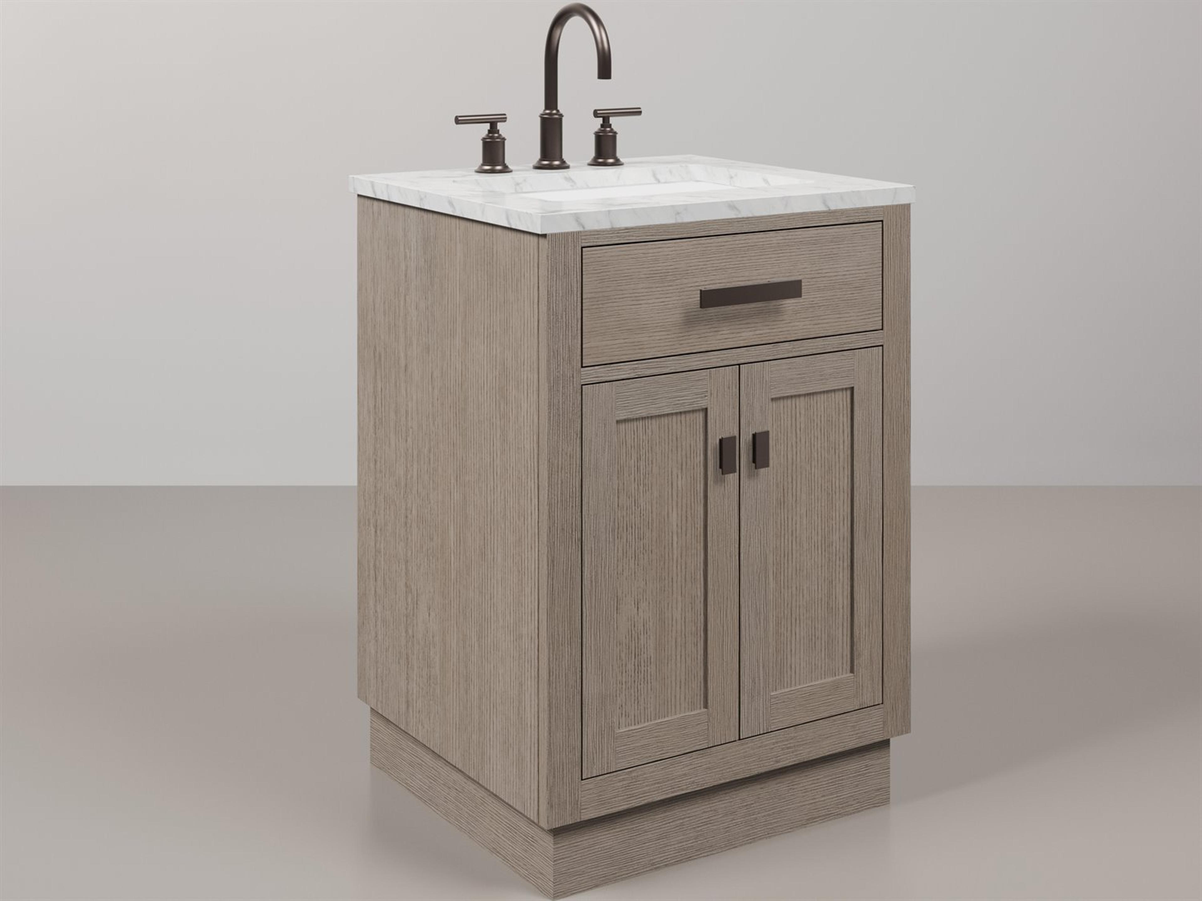 Water Creation Chestnut Single Sink Carrara White Marble Countertop Bath Vanity In Grey Oak with Oil Rubbed Bronze Hardware and Gooseneck Faucet