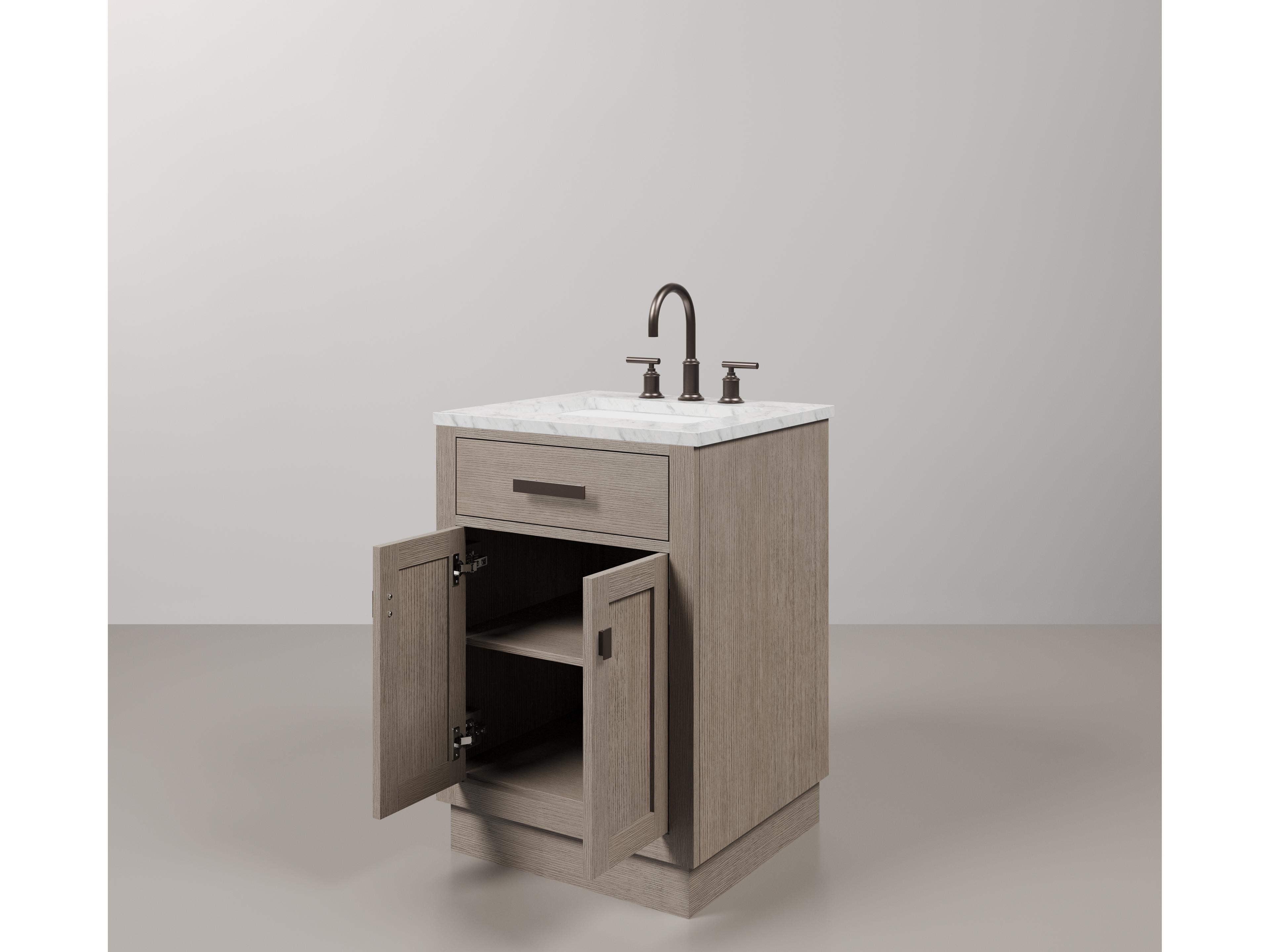 Water Creation Chestnut Single Sink Carrara White Marble Countertop Bath Vanity In Grey Oak with Oil Rubbed Bronze Hardware and Gooseneck Faucet