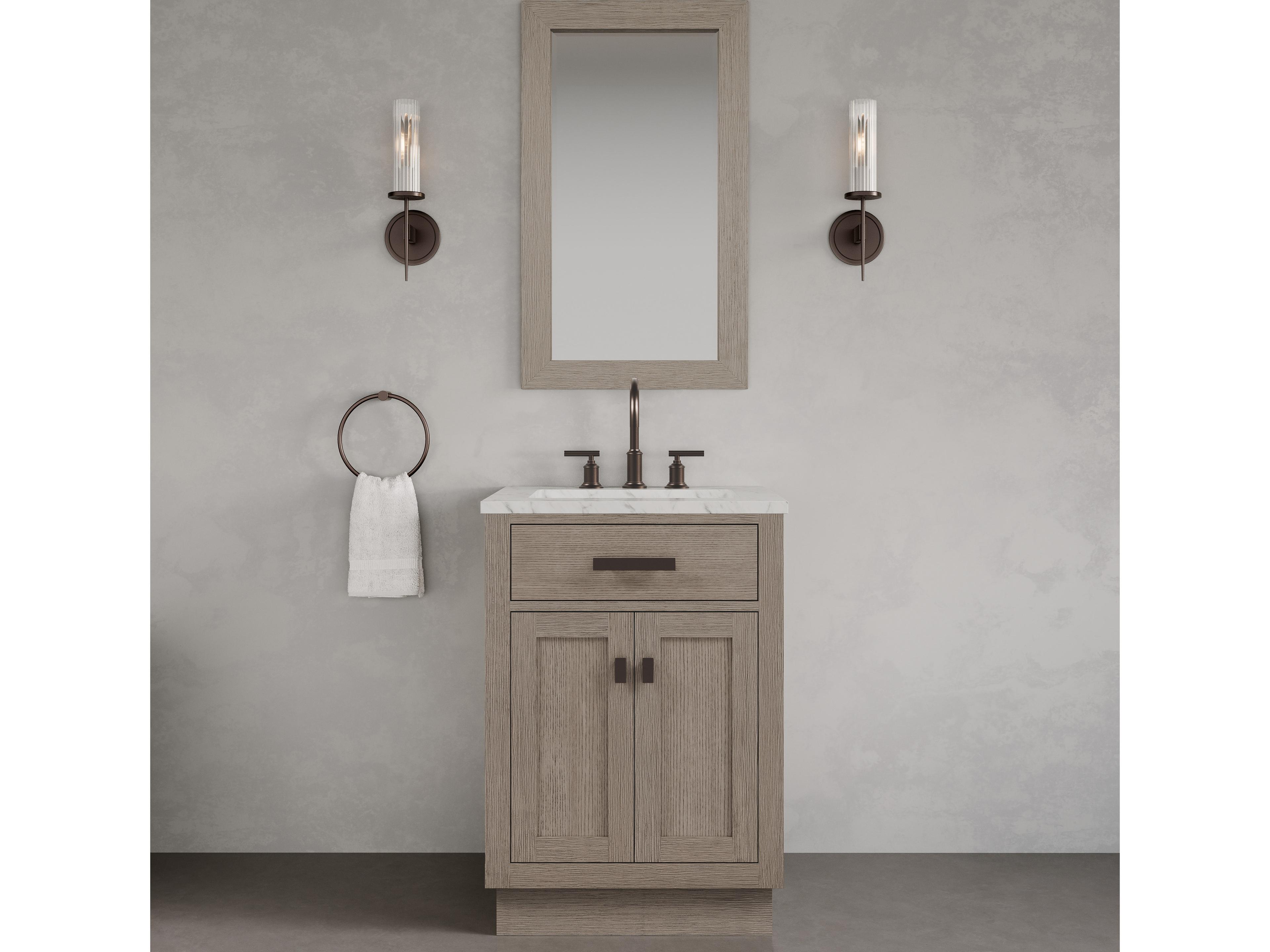 Water Creation Chestnut Single Sink Carrara White Marble Countertop Bath Vanity In Grey Oak with Oil Rubbed Bronze Hardware and Rectangular Mirror (S)