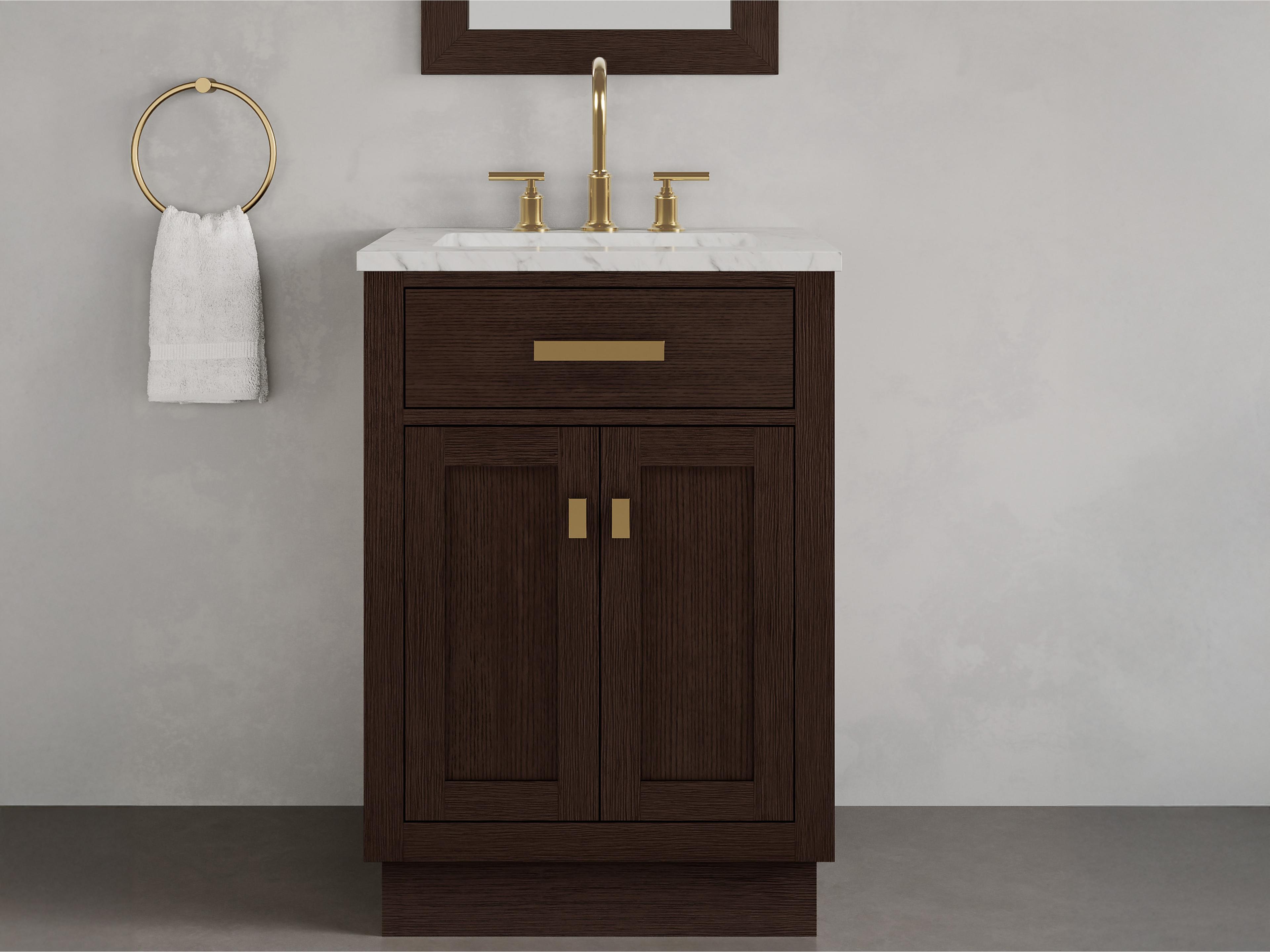 Water Creation Chestnut  Single Sink Carrara White Marble Countertop Bath Vanity In Brown Oak with Satin Gold Hardware