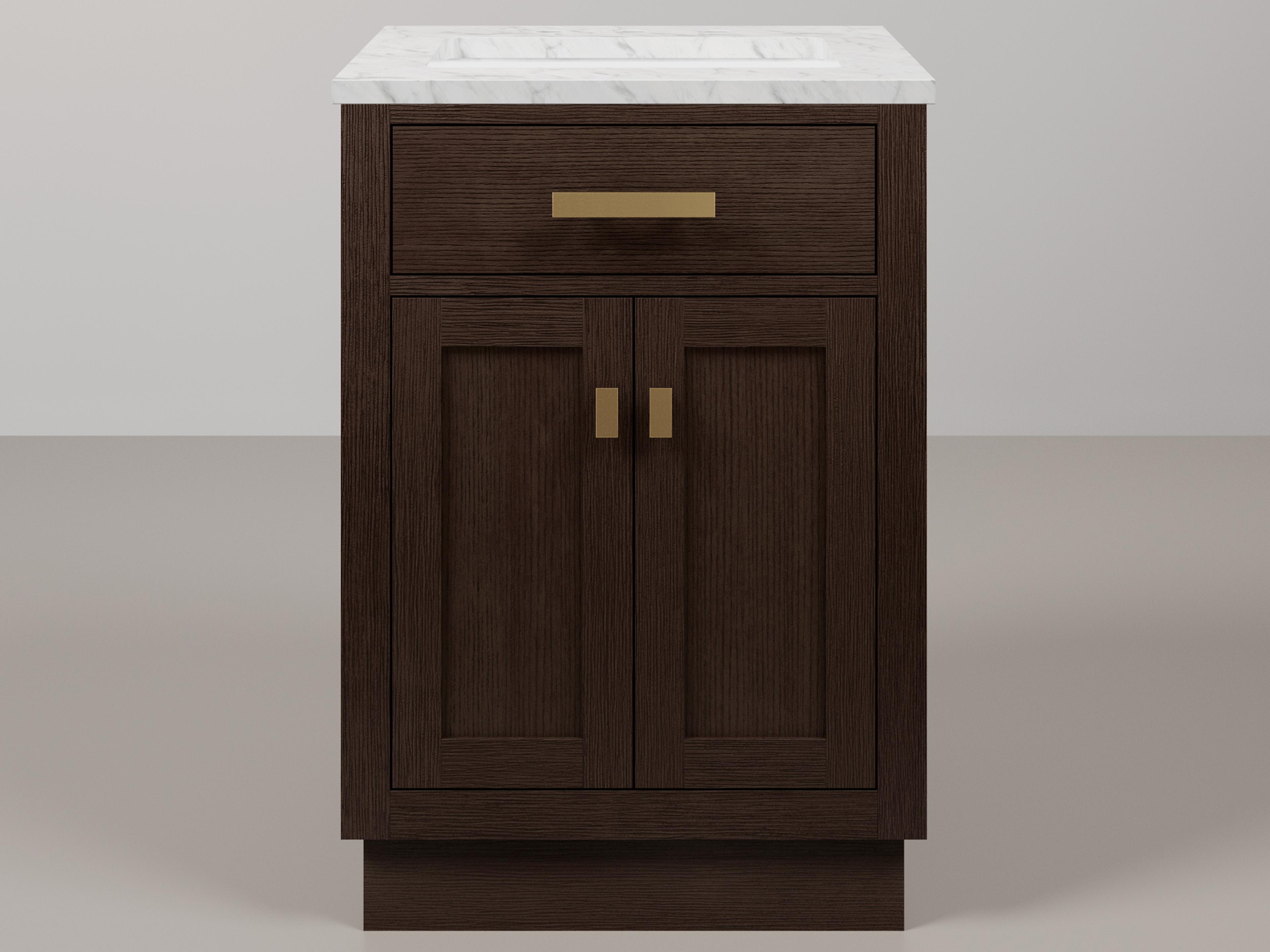 Water Creation Chestnut  Single Sink Carrara White Marble Countertop Bath Vanity In Brown Oak with Satin Gold Hardware
