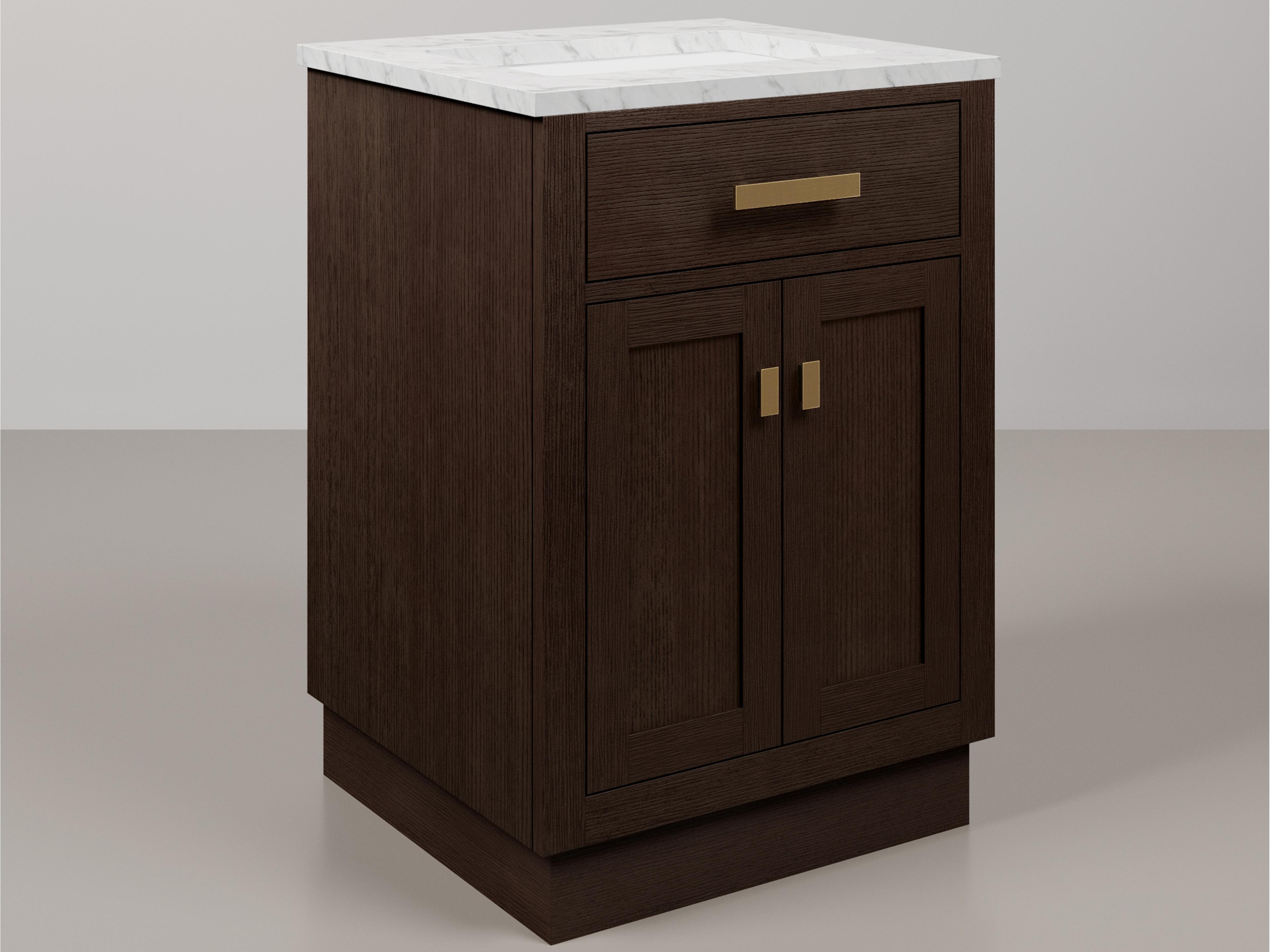 Chestnut  Single Sink Carrara White Marble Countertop Bath Vanity In Brown Oak with Satin Gold Hardware