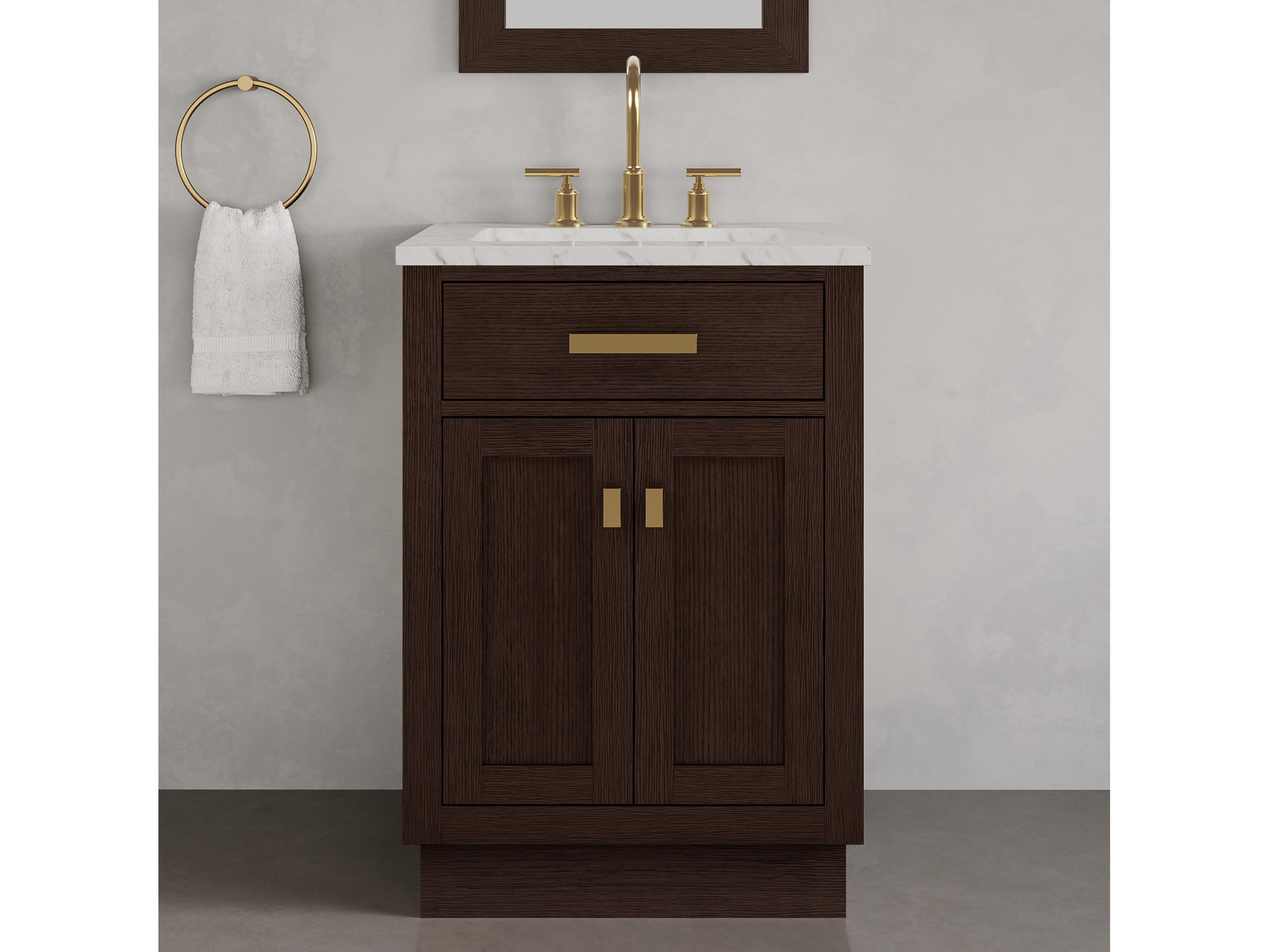 Water Creation Chestnut Single Sink Carrara White Marble Countertop Bath Vanity In Brown Oak with Satin Gold Hardware and Gooseneck Faucet