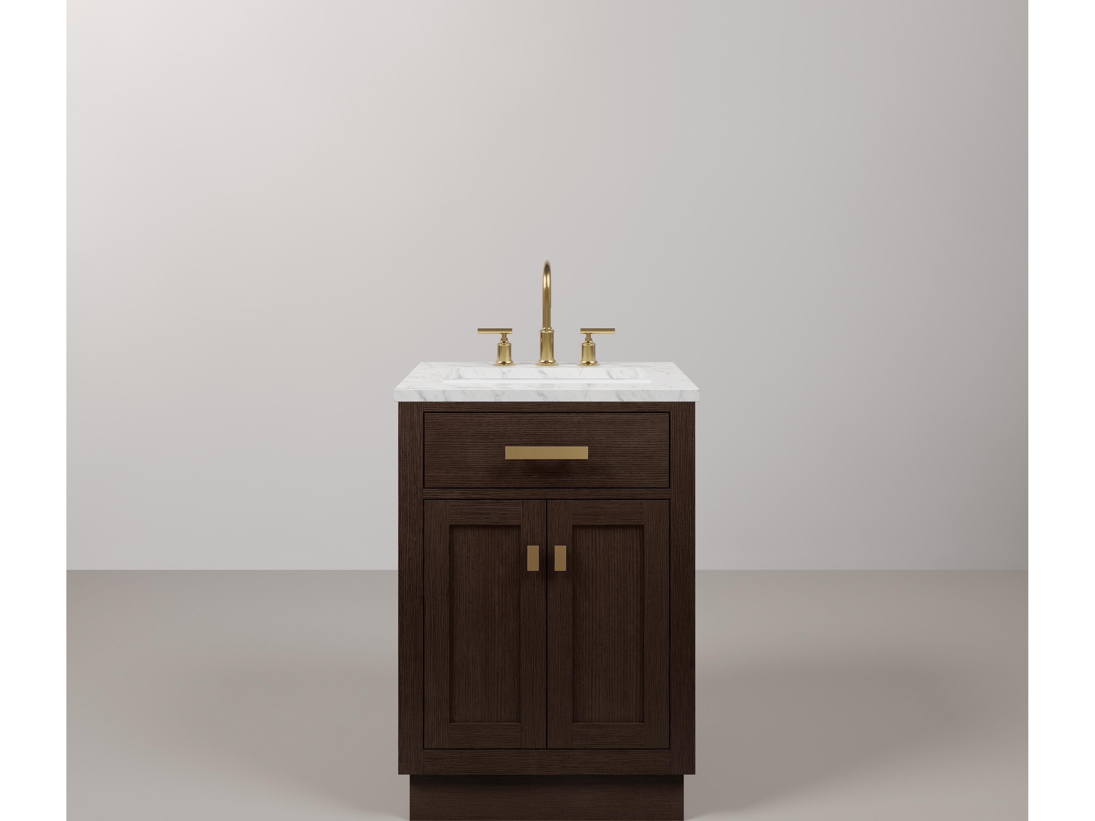 Water Creation Chestnut Single Sink Carrara White Marble Countertop Bath Vanity In Brown Oak with Satin Gold Hardware and Gooseneck Faucet