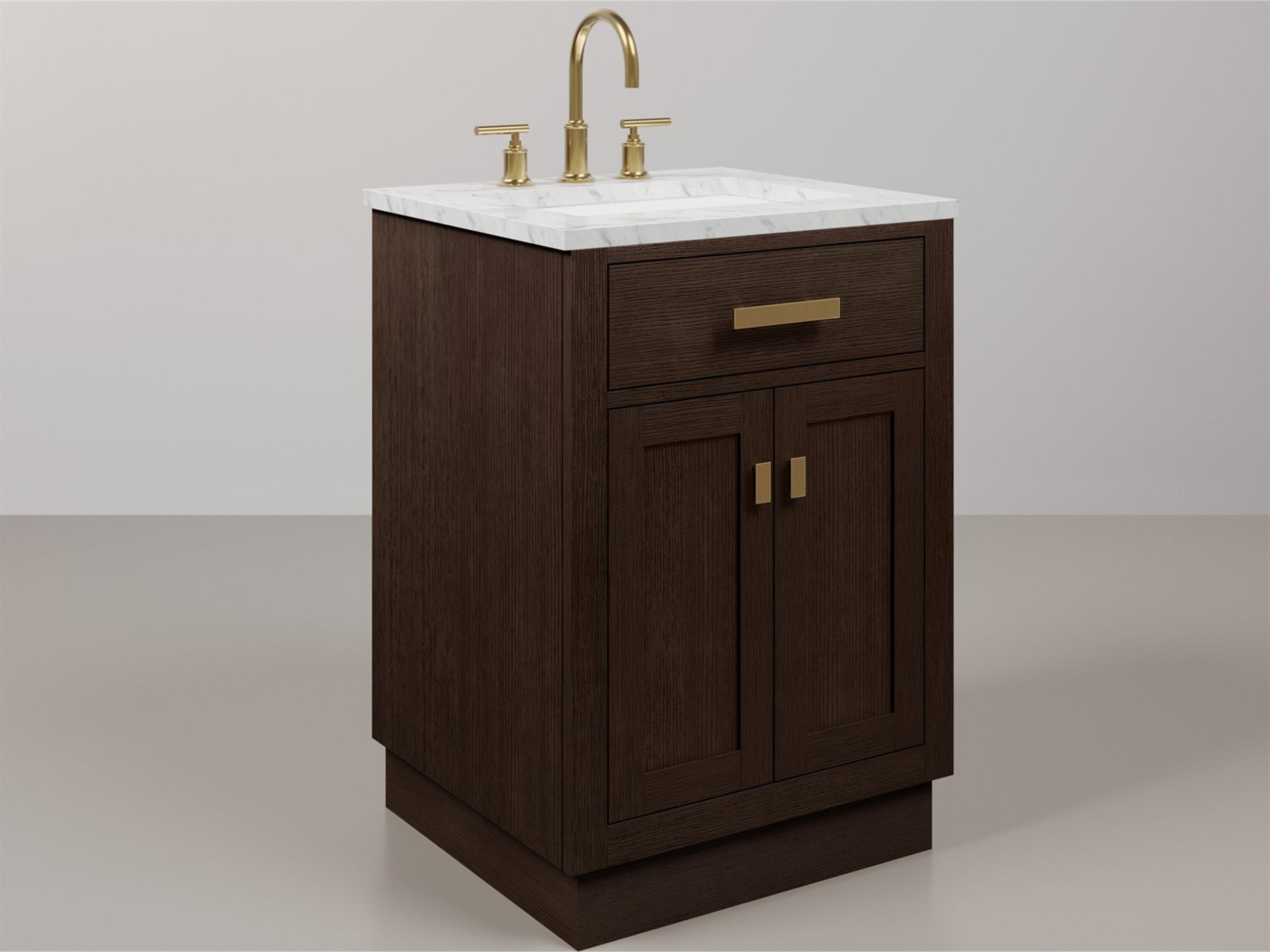 Chestnut Single Sink Carrara White Marble Countertop Bath Vanity In Brown Oak with Satin Gold Hardware and Gooseneck Faucet